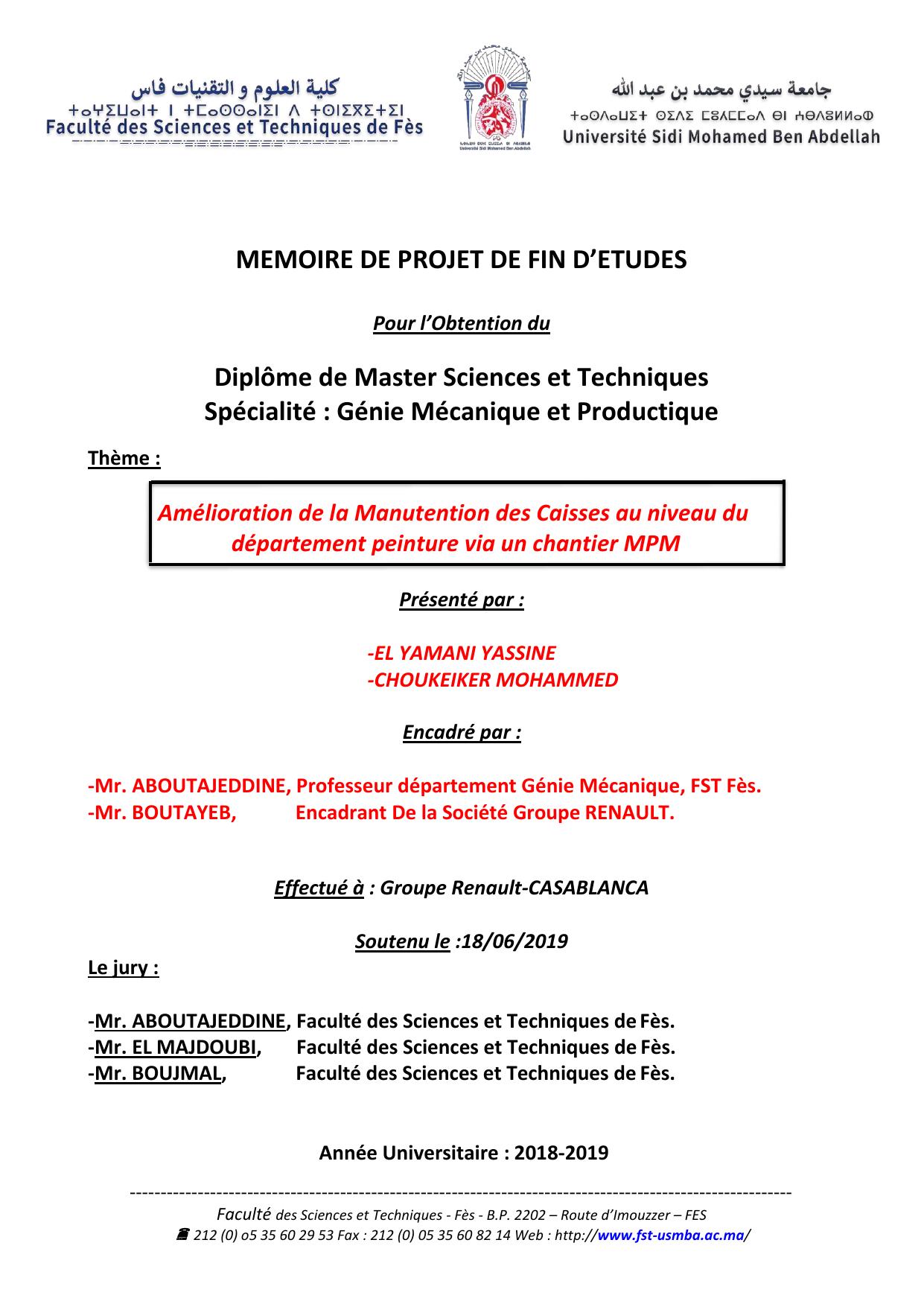 Amélioration de la Manutention des Caisses au niveau du département peinture via un chantier MPM