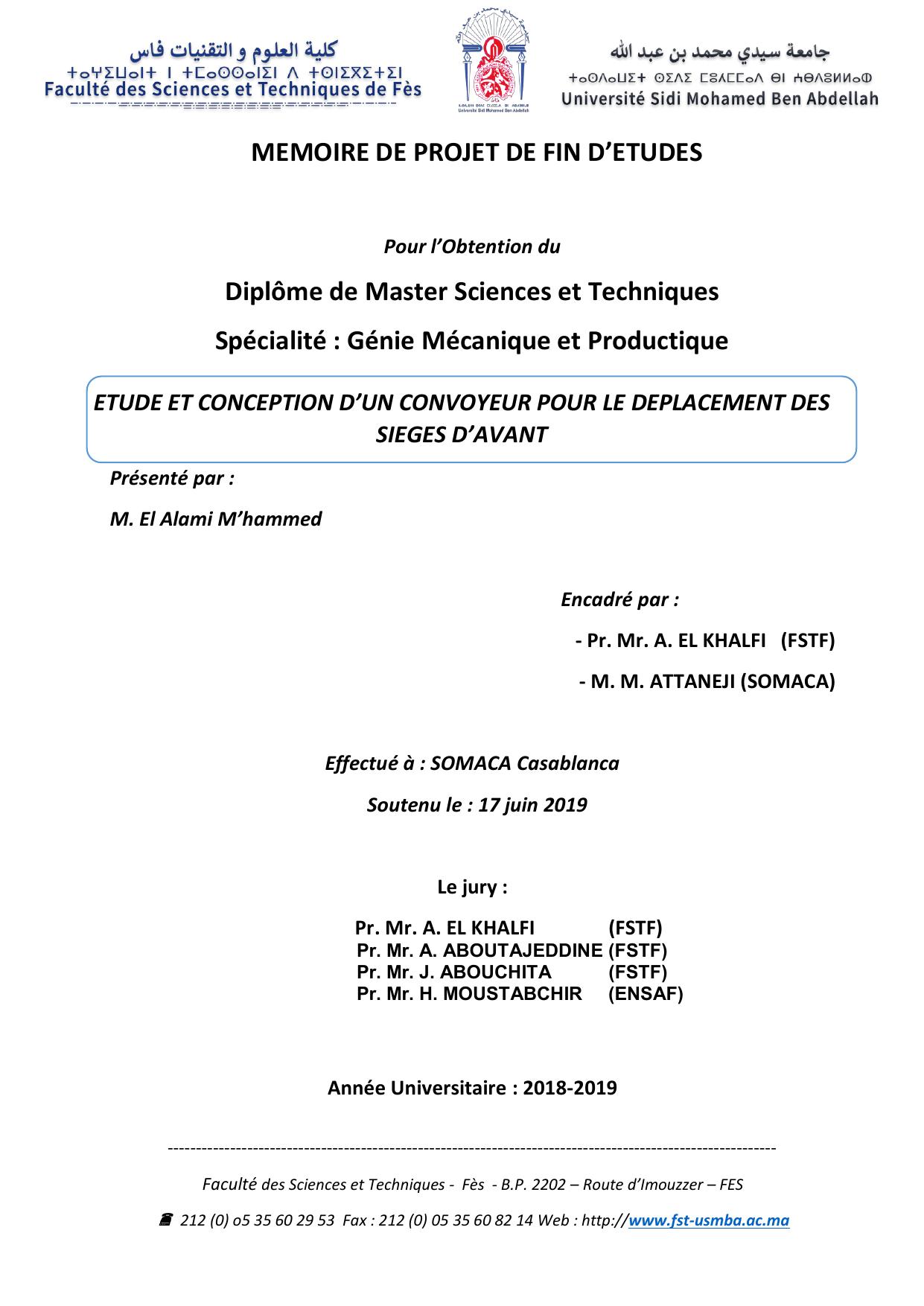 ETUDE ET CONCEPTION D’UN CONVOYEUR POUR LE DEPLACEMENT DES SIEGES D’AVANT