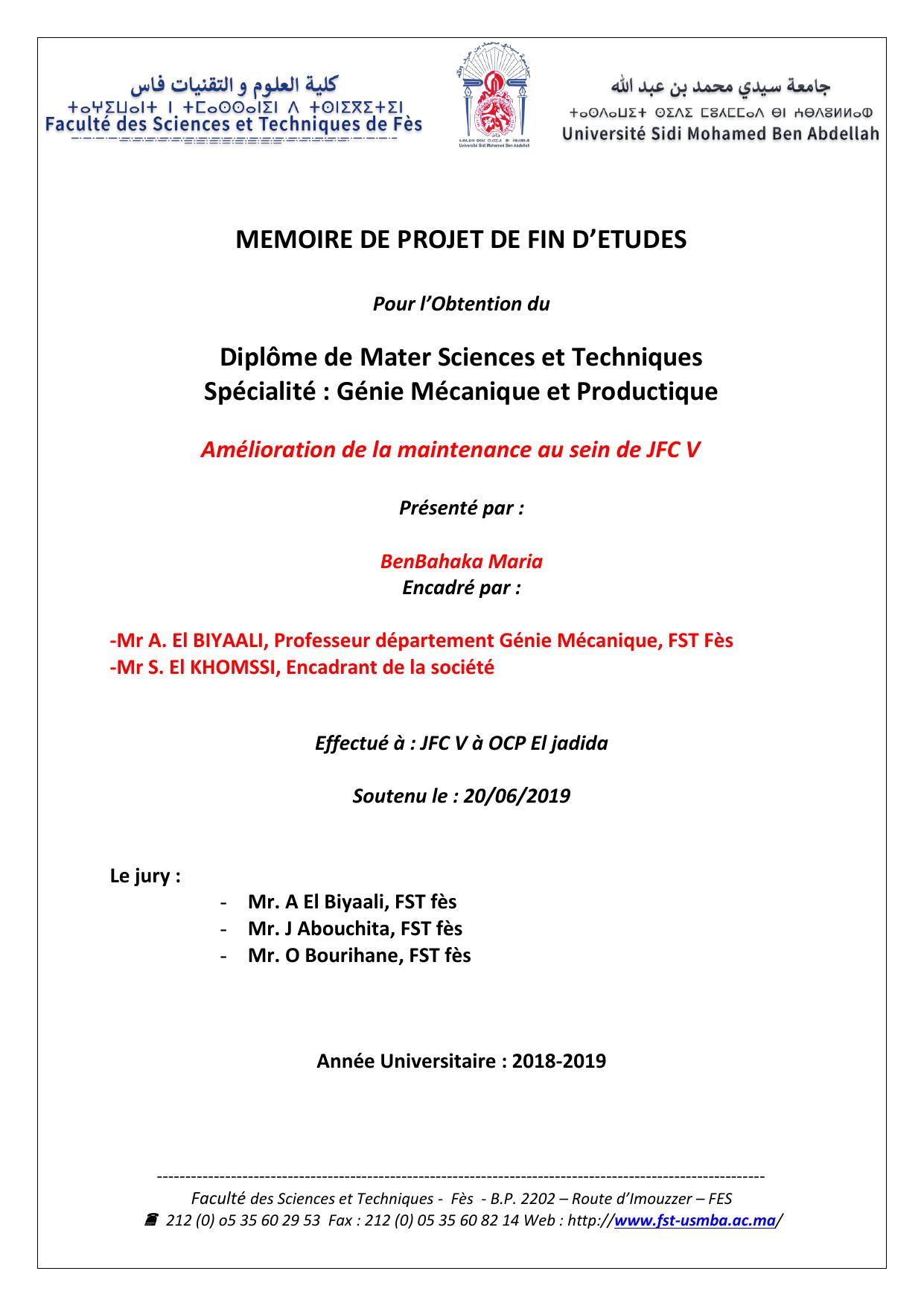 Amélioration de la maintenance au sein de JFC V