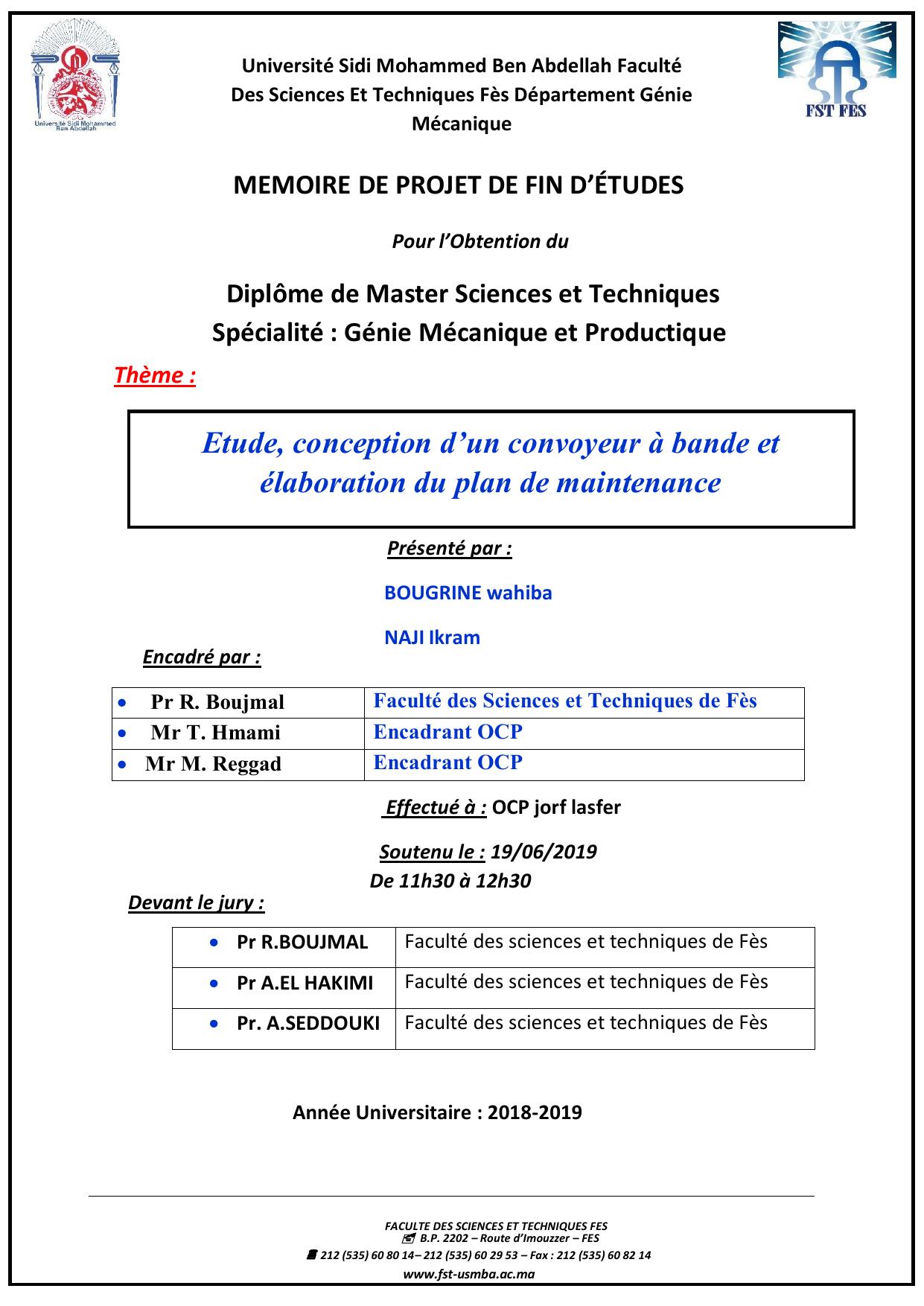 Etude, conception d’un convoyeur à bande et élaboration du plan de maintenance