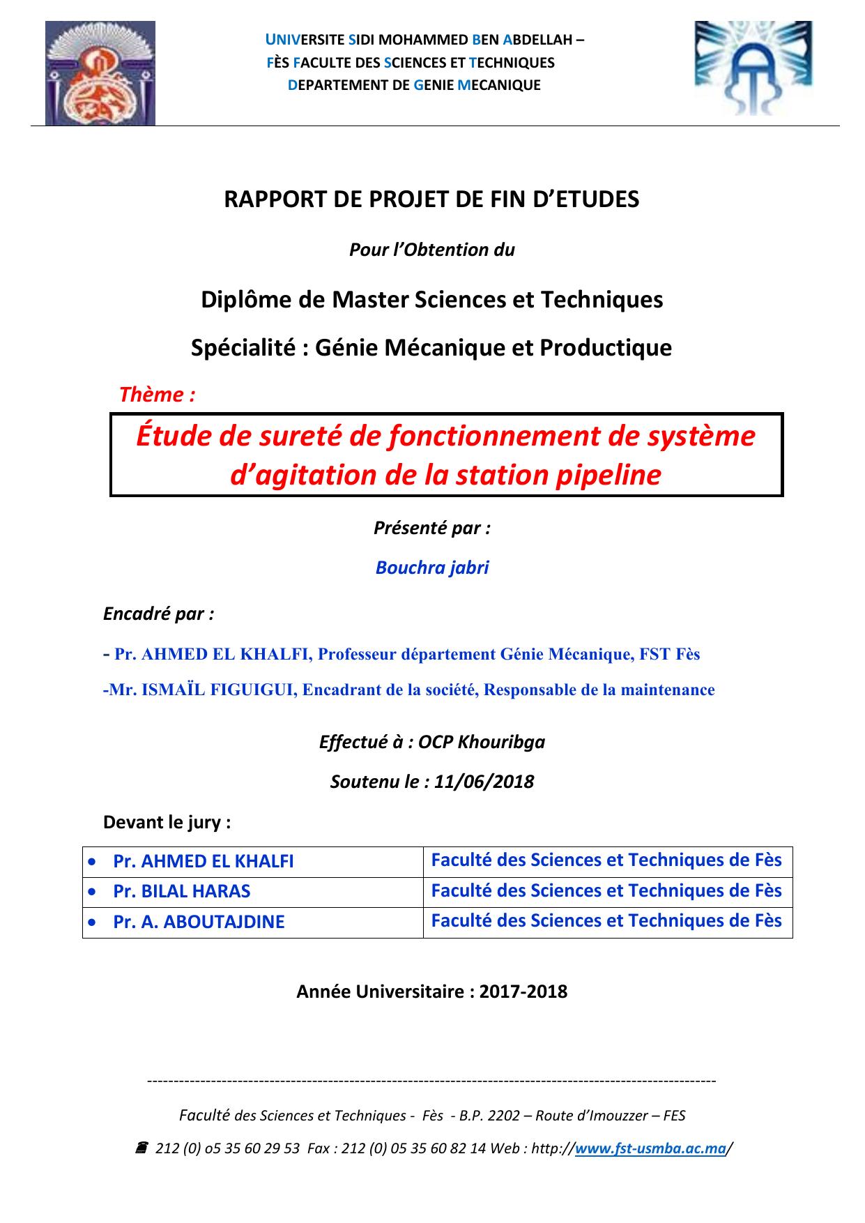 Étude de sureté de fonctionnement de système d’agitation de la station pipeline