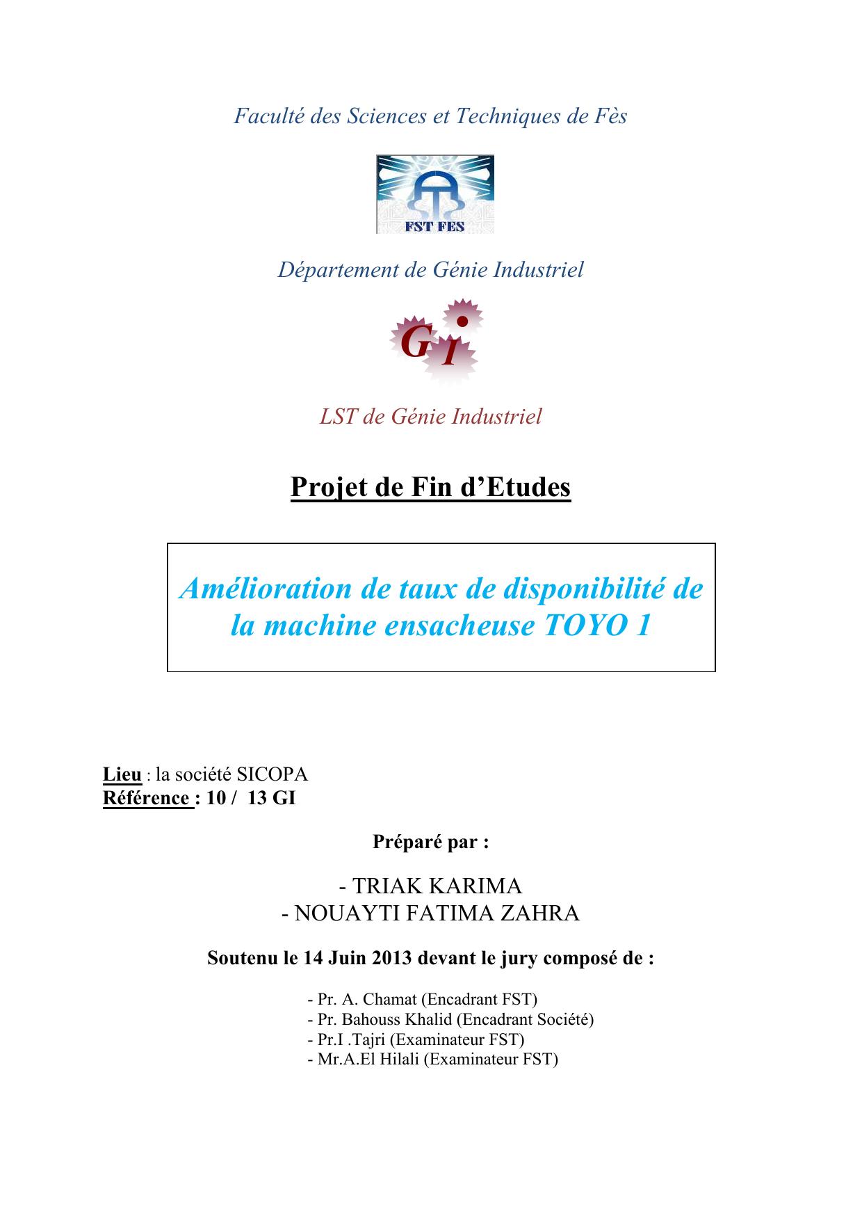 Amélioration de taux de disponibilité de la machine ensacheuse TOYO 1