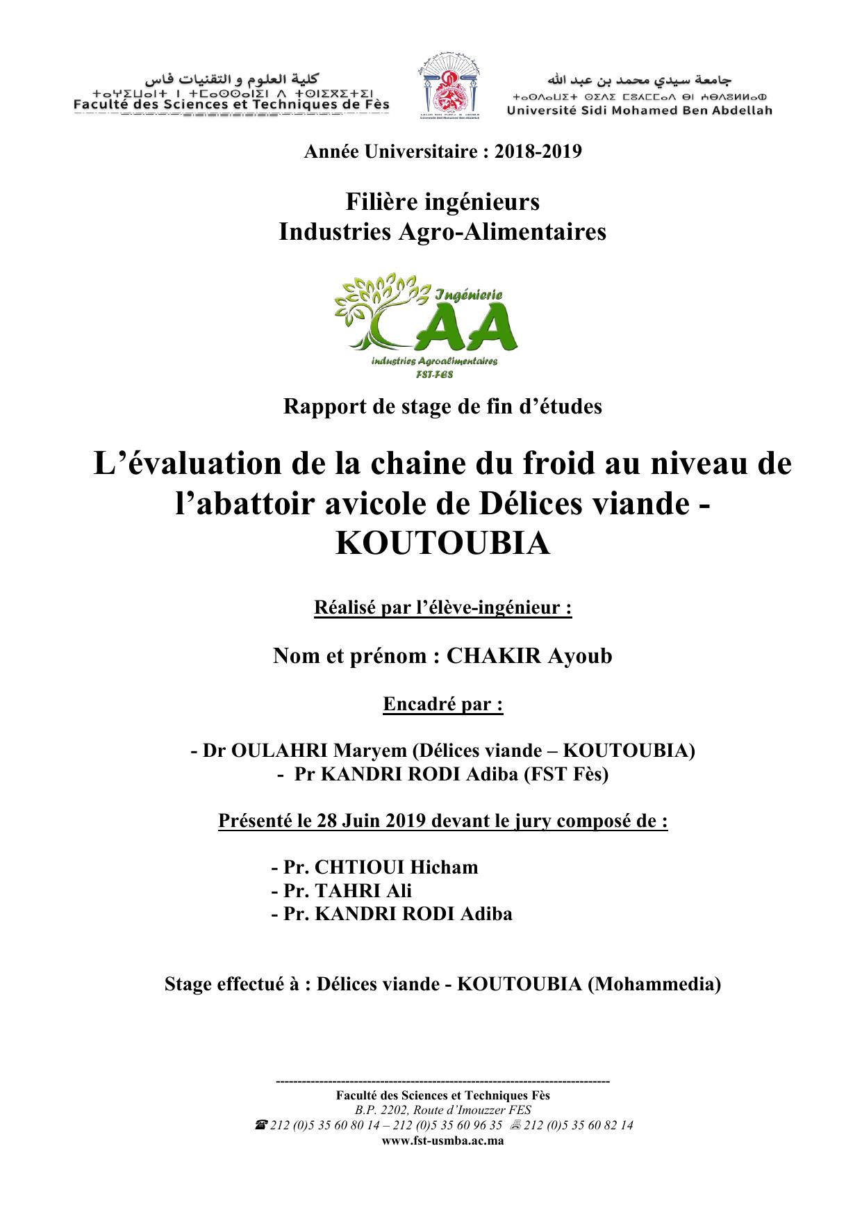 L’évaluation de la chaine du froid au niveau de l’abattoir avicole de Délices viande - KOUTOUBIA