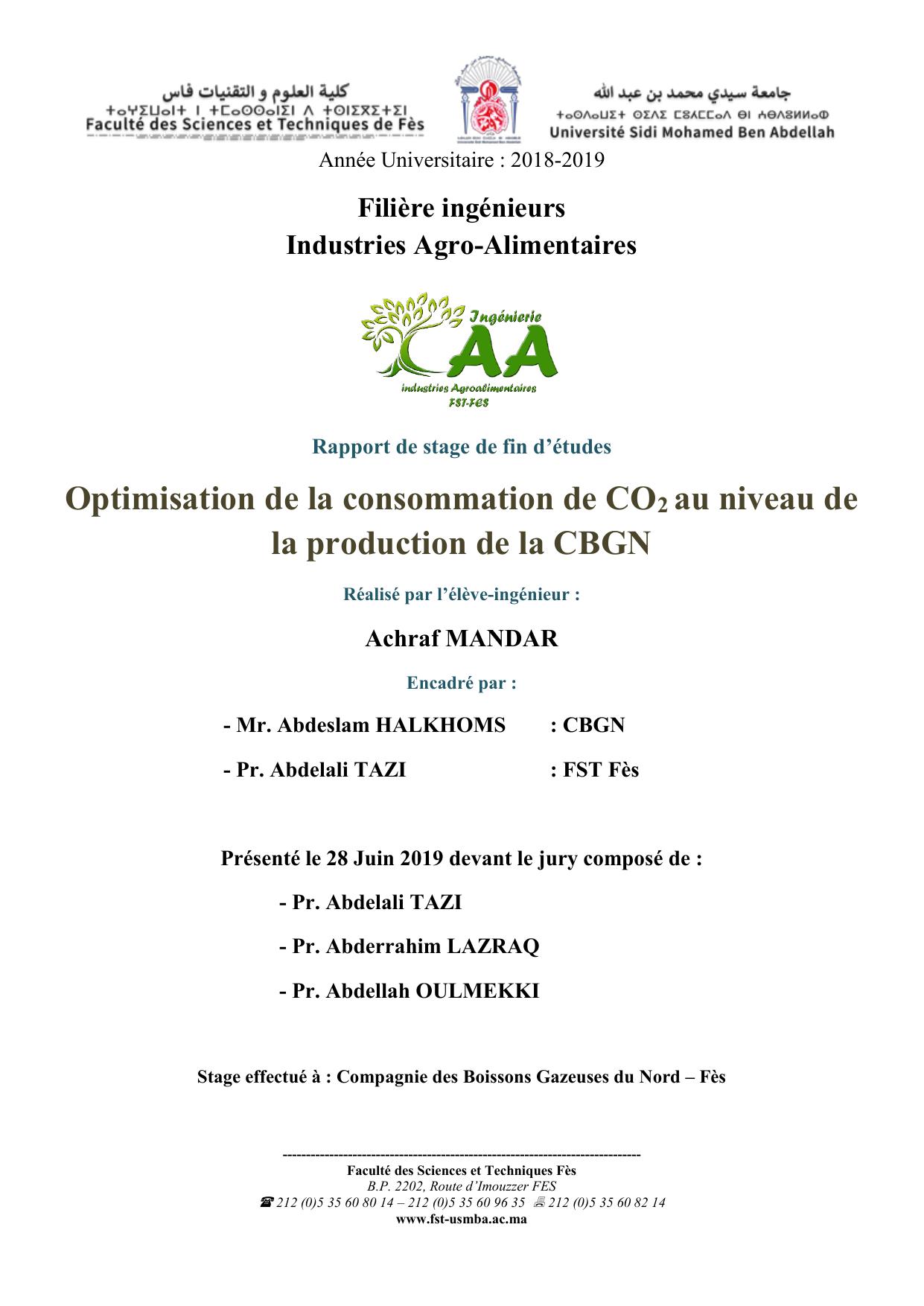 Optimisation de la consommation de CO2 au niveau de la production de la CBGN