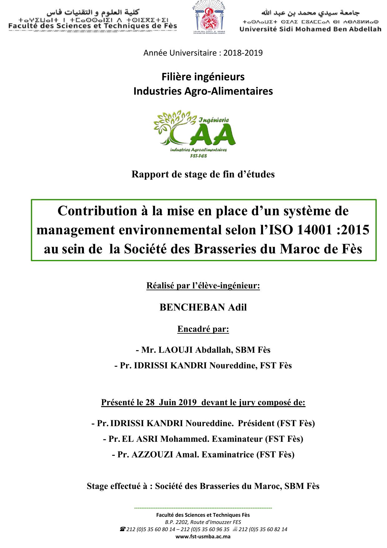 Contribution à la mise en place d’un système de management environnemental selon l’ISO 14001 :2015 au sein de la Société des Brasseries du Maroc de Fès