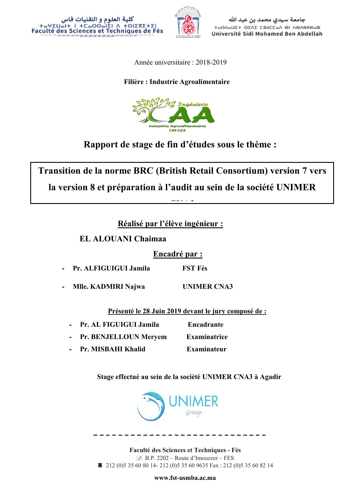 Transition de la norme BRC (British Retail Consortium) version 7 vers la version 8 et préparation à l’audit au sein de la société UNIMER88