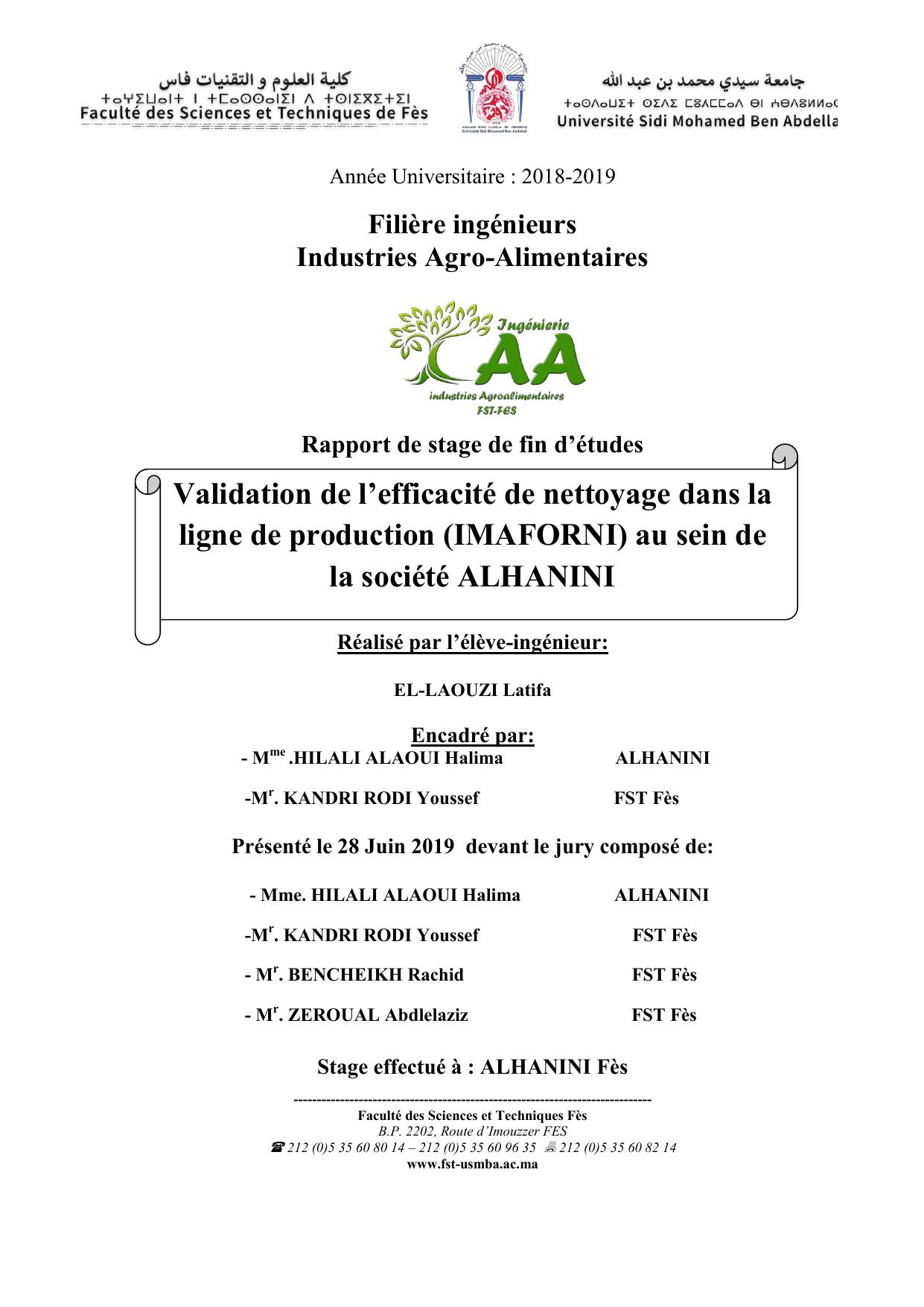 Validation de l’efficacité de nettoyage dans la ligne de production (IMAFORNI) au sein de la société ALHANINI