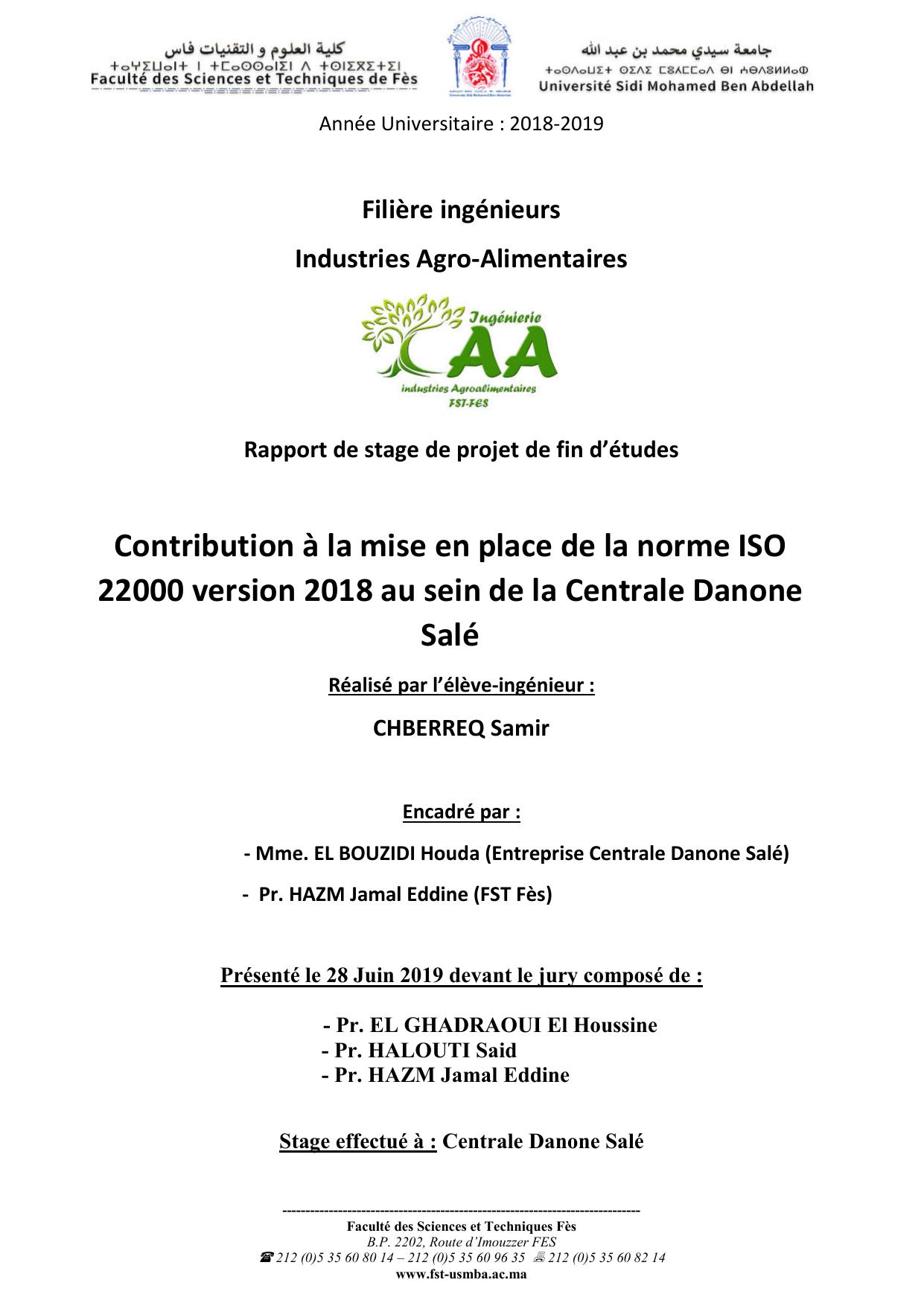 Contribution à la mise en place de la norme ISO 22000 version 2018 au sein de la Centrale Danone Salé