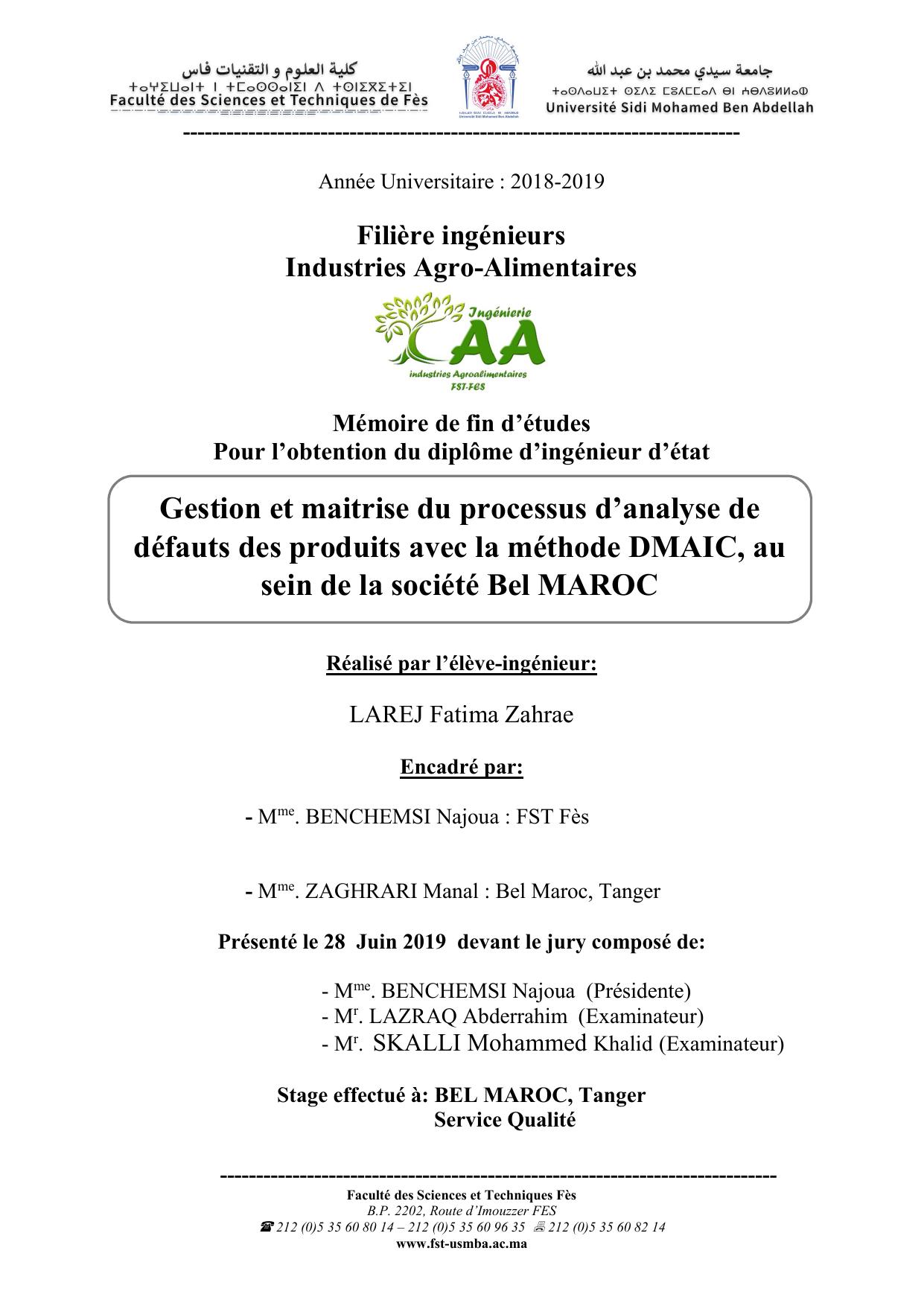 Gestion et maitrise du processus d’analyse de défauts des produits avec la méthode DMAIC, au sein de la société Bel MAROC