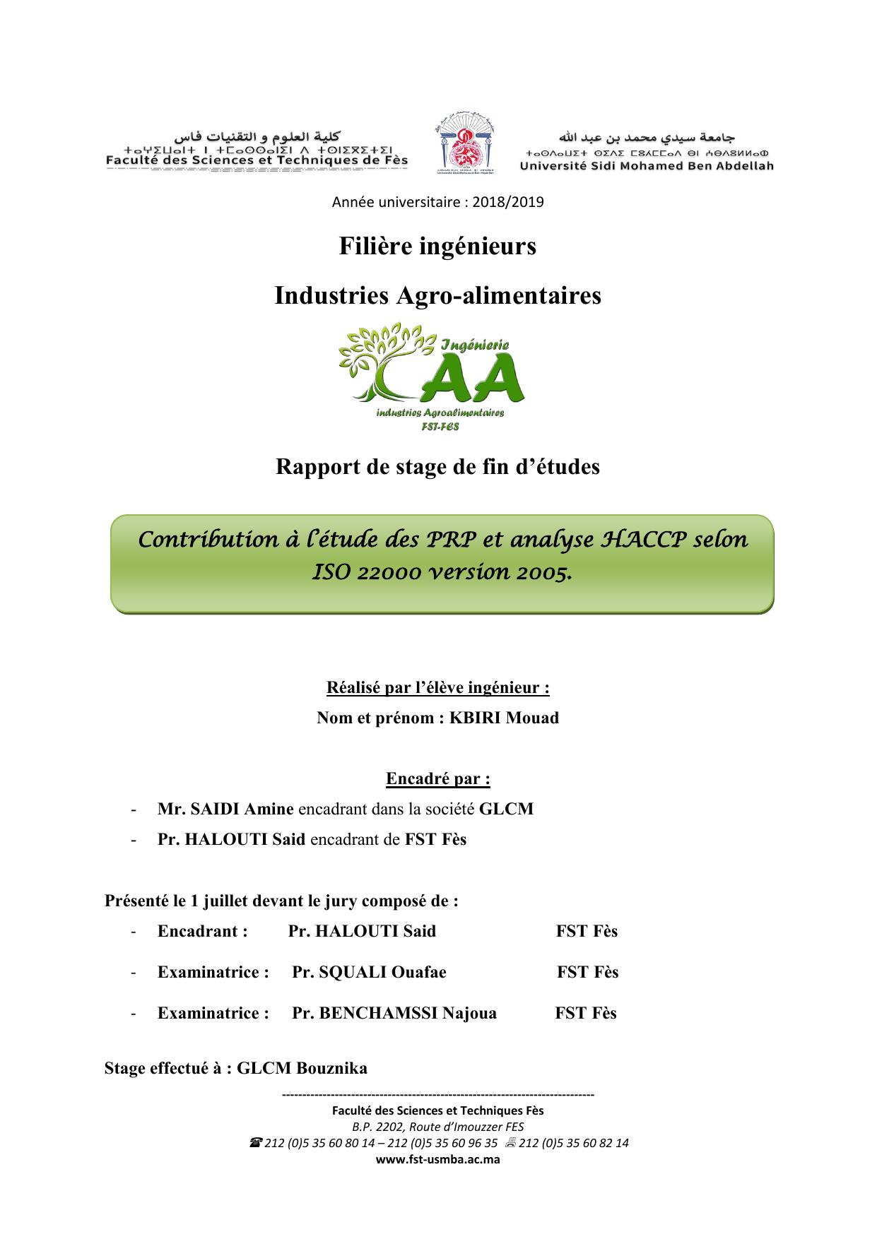 Contribution à l’étude des PRP et analyse HACCP selon ISO 22000 version 2005