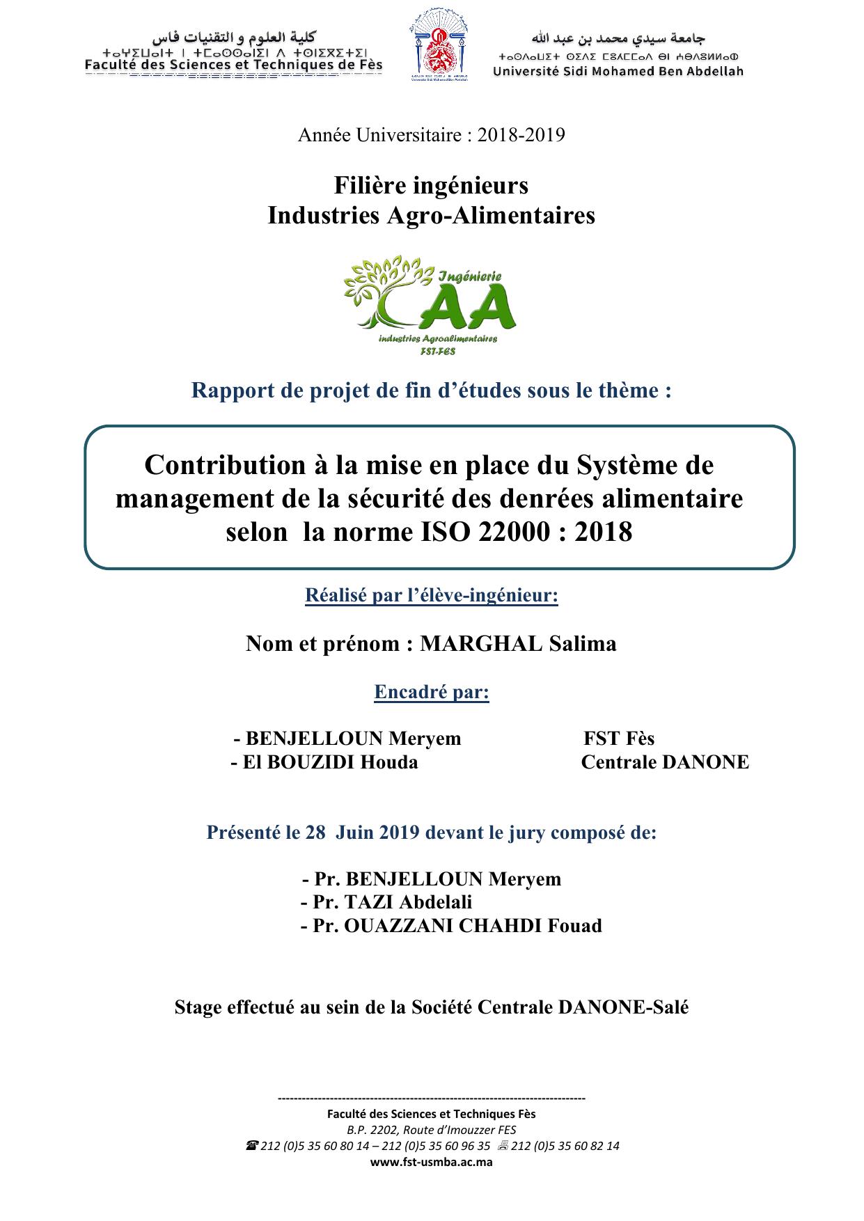 Contribution à la mise en place du Système de management de la sécurité des denrées alimentaire selon la norme ISO 22000 : 2018