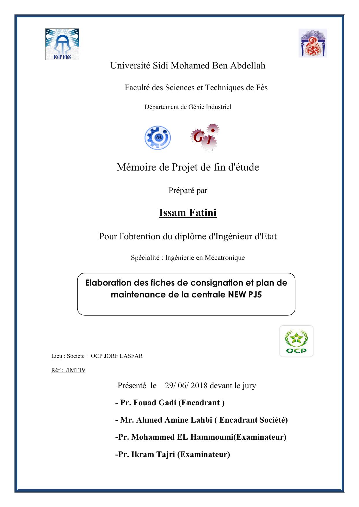 Elaboration des fiches de consignation et plan de maintenance de la centrale NEW PJ5