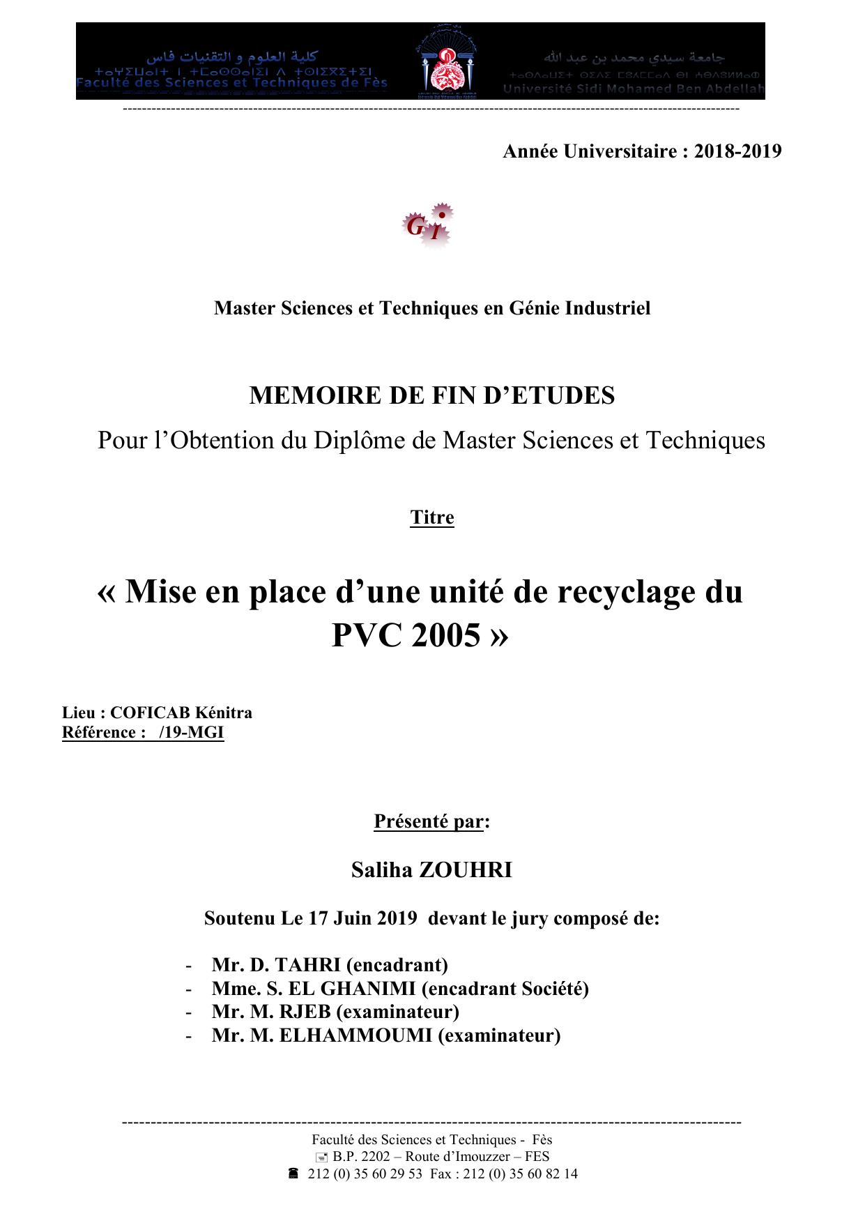 Mise en place d’une unité de recyclage du PVC 2005