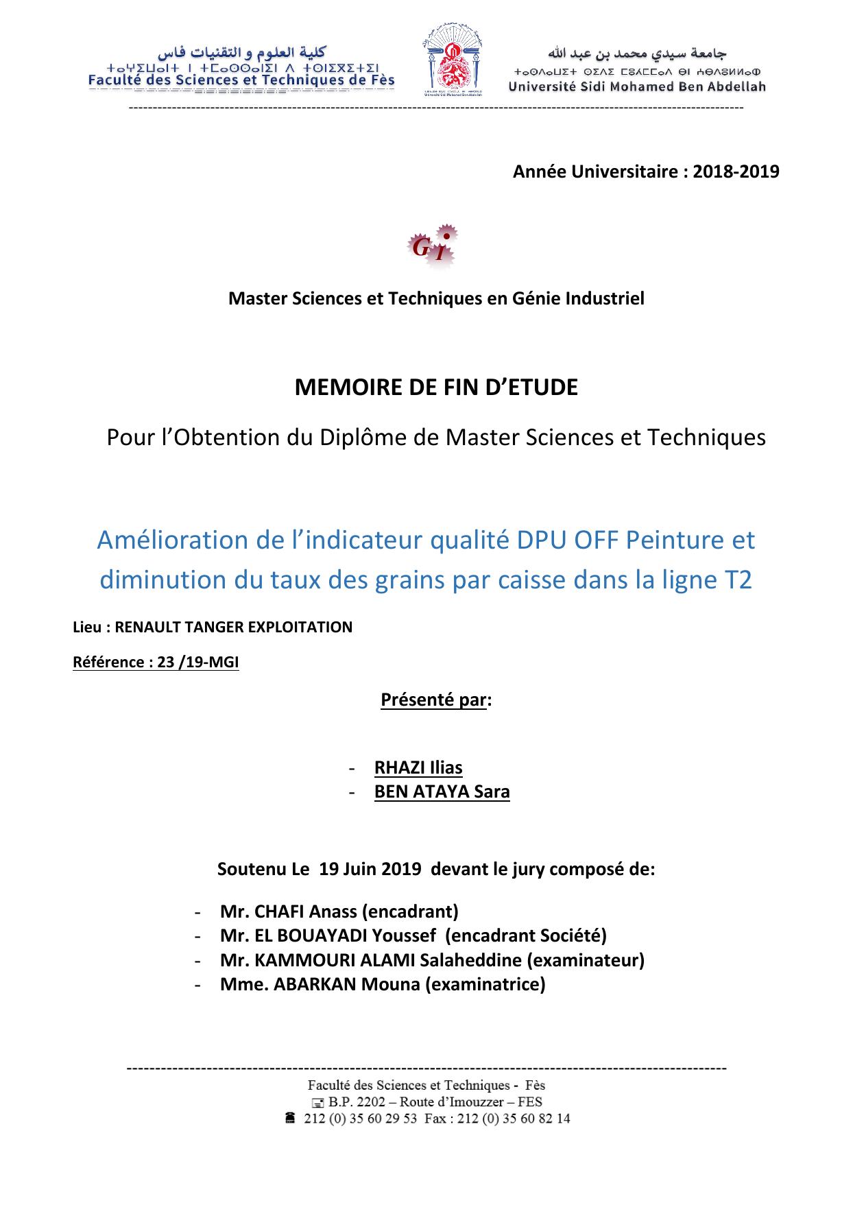 Amélioration de l’indicateur qualité DPU OFF Peinture et diminution du taux des grains par caisse dans la ligne T2