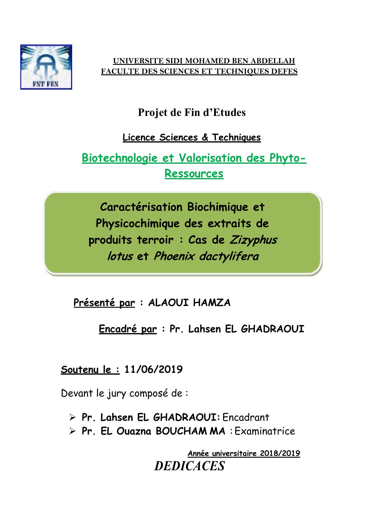 Caractérisation Biochimique et Physicochimique des extraits de produits terroir : Cas de Zizyphus lotus et Phoenix dactylifera