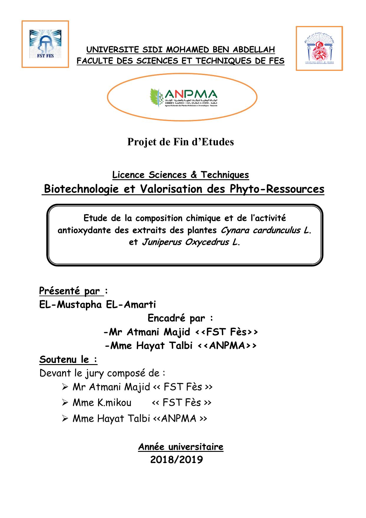 Etude de la composition chimique et de l’activité antioxydante des extraits des plantes Cynara cardunculus L. et Juniperus Oxycedrus L.