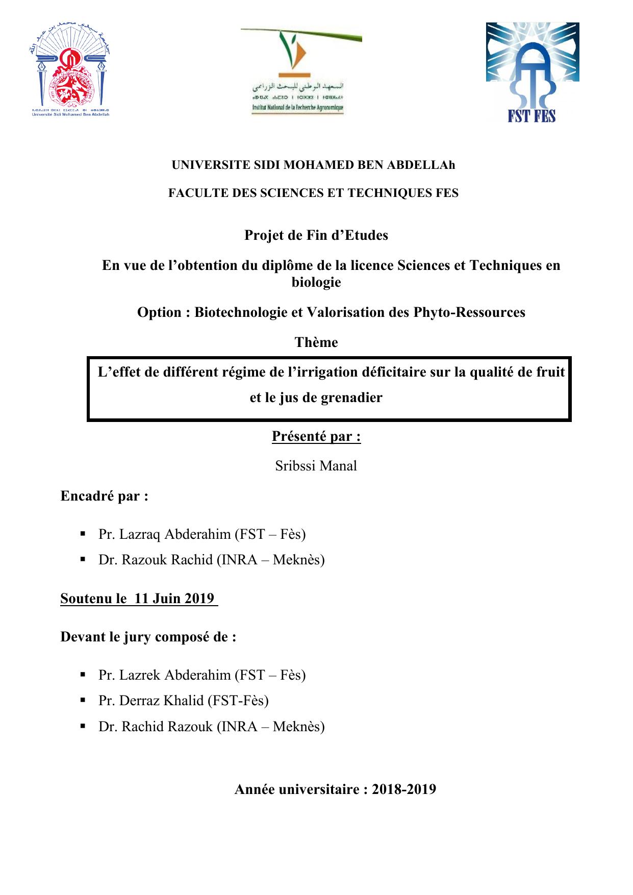 L’effet de différent régime de l’irrigation déficitaire sur la qualité de fruit et le jus de grenadier