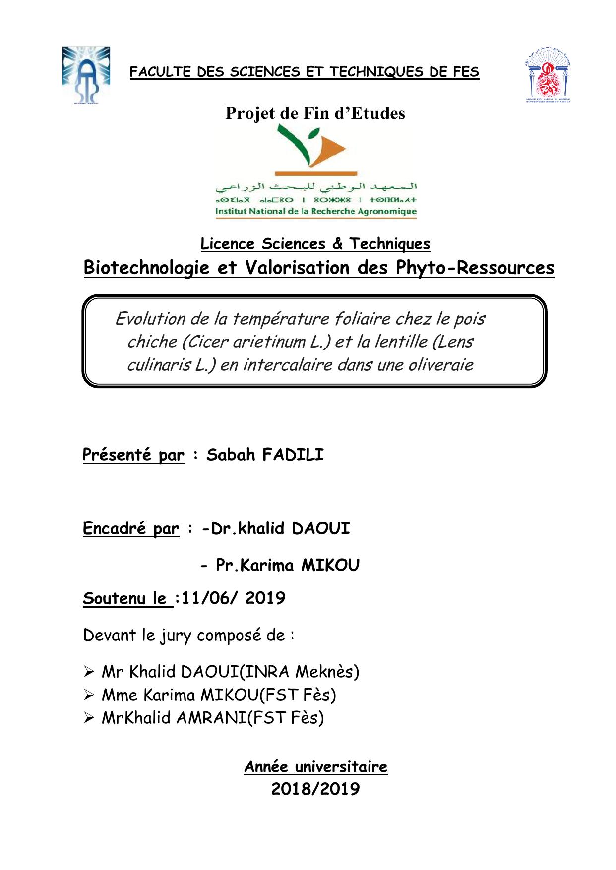 Evolution de la température foliaire chez le pois chiche (Cicer arietinum L.) et la lentille (Lens culinaris L.) en intercalaire dans une oliveraie