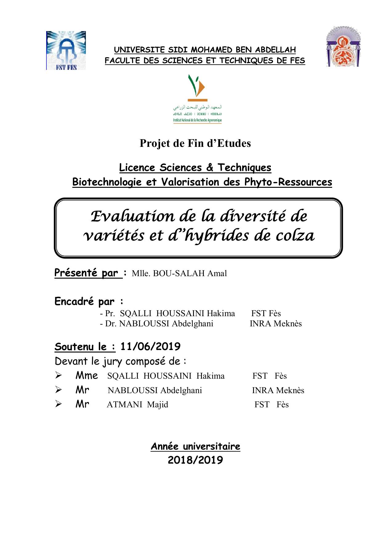 Evaluation de la diversité de variétés et d’’hybrides de colza