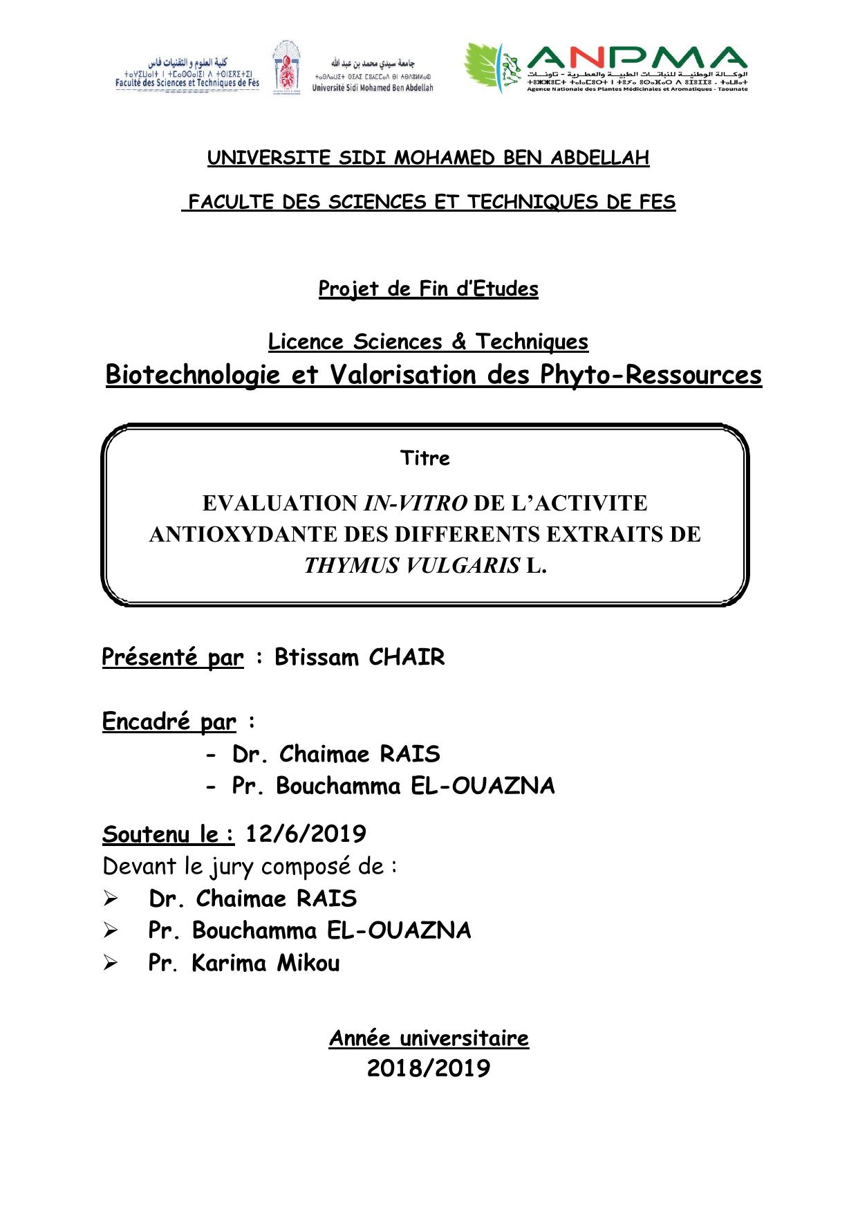 EVALUATION IN-VITRO DE L’ACTIVITE ANTIOXYDANTE DES DIFFERENTS EXTRAITS DE THYMUS VULGARIS L.