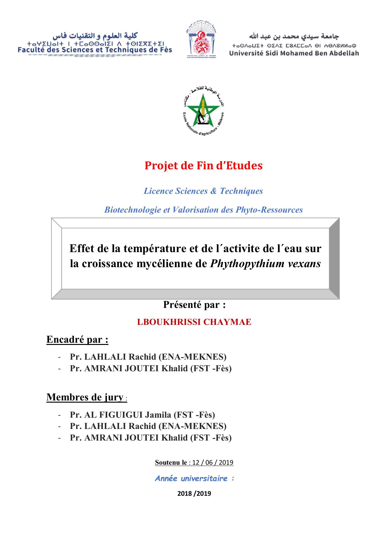 Effet de la température et de l´activite de l´eau sur la croissance mycélienne de Phythopythium vexans