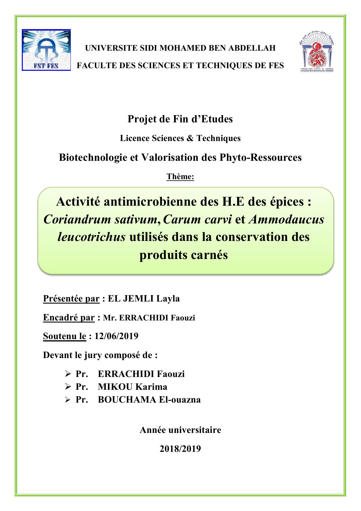 Activité antimicrobienne des H.E des épices : Coriandrum sativum, Carum carvi et Ammodaucus leucotrichus utilisés dans la conservation des produits carnés