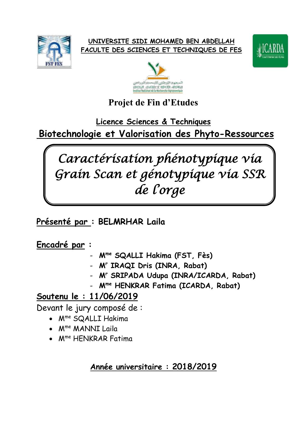 Caractérisation phénotypique via Grain Scan et génotypique via SSR de l’orge