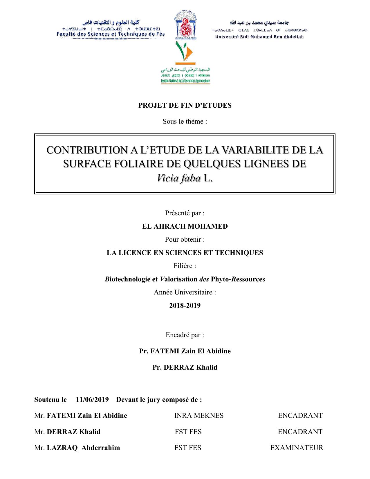 CONTRIBUTION A L’ETUDE DE LA VARIABILITE DE LA SURFACE FOLIAIRE DE QUELQUES LIGNEES DE Vicia faba L.