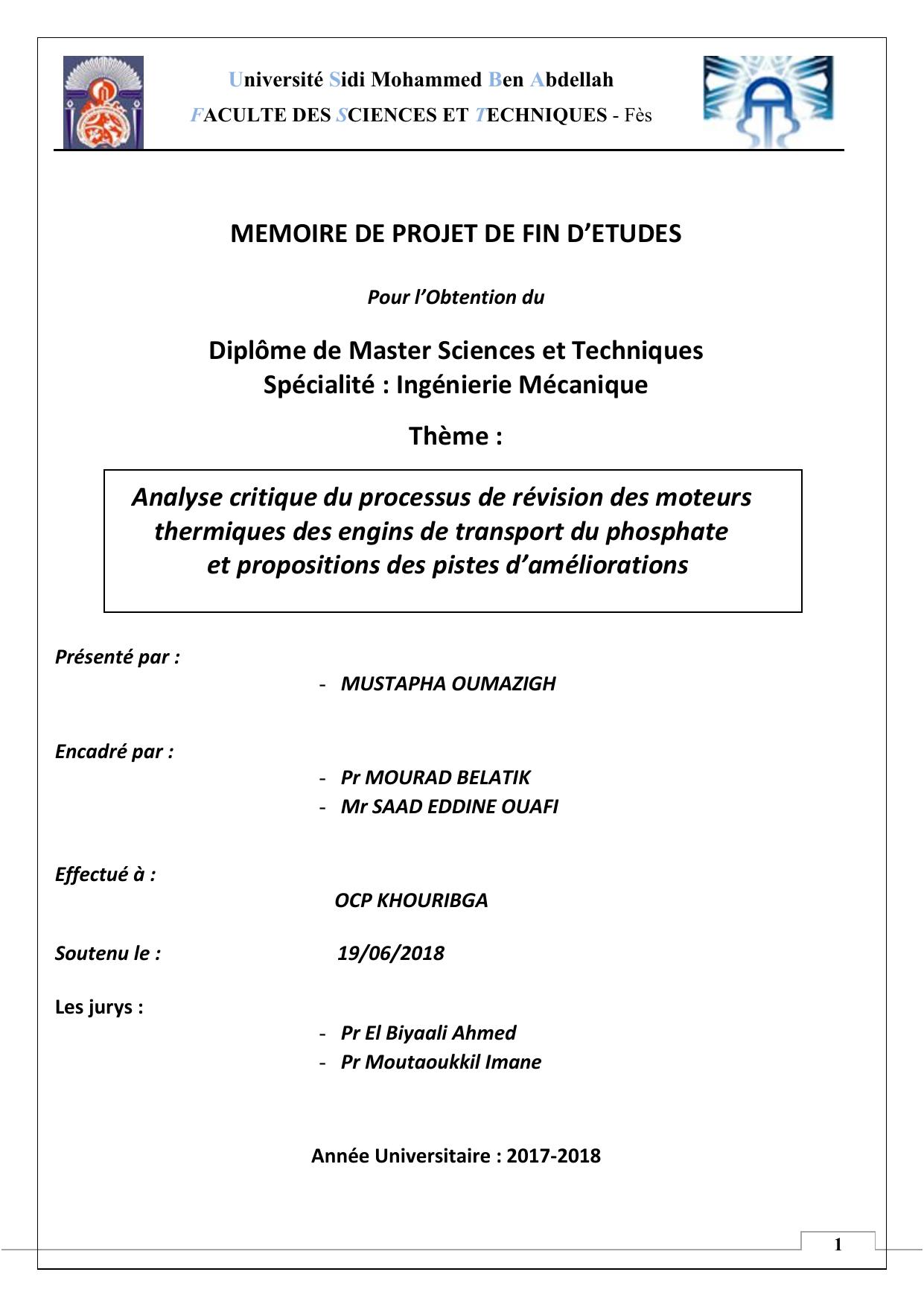 Analyse critique du processus de révision des moteurs thermiques des engins de transport du phosphate et propositions des pistes d’améliorations