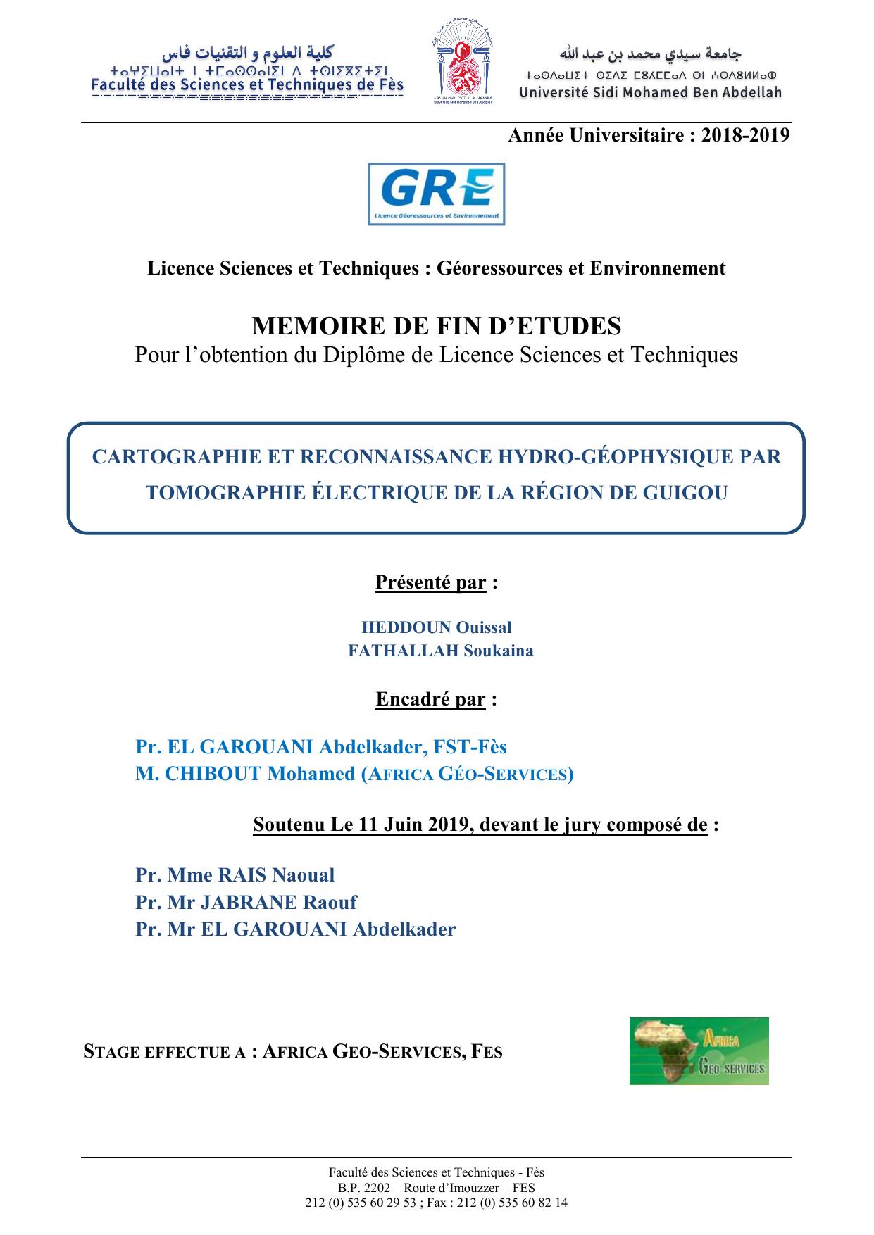 CARTOGRAPHIE ET RECONNAISSANCE HYDRO-GÉOPHYSIQUE PAR TOMOGRAPHIE ÉLECTRIQUE DE LA RÉGION DE GUIGOU