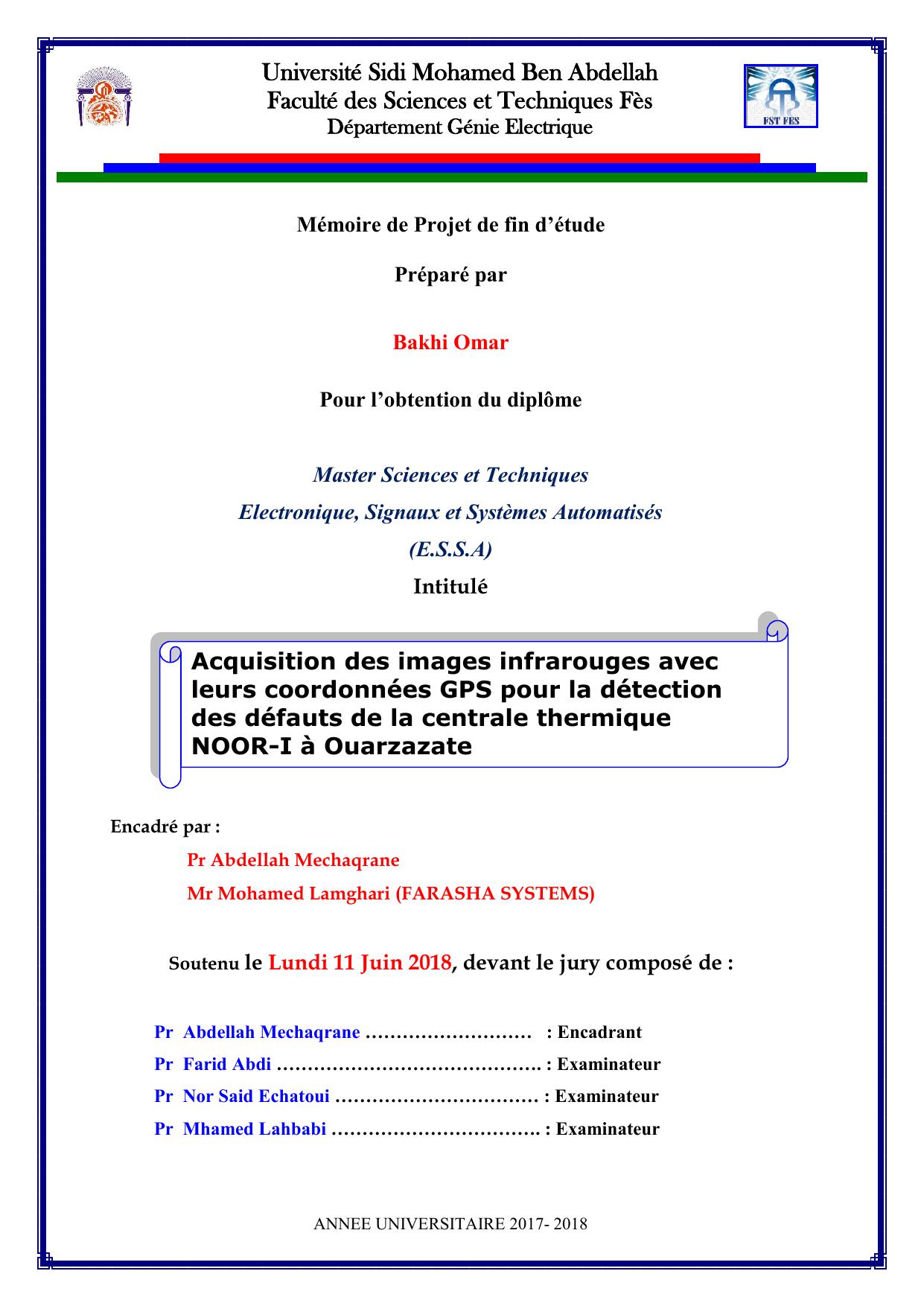 Acquisition des images infrarouges avec leurs coordonnées GPS pour la détection des défauts de la centrale thermique NOOR-I à Ouarzazate