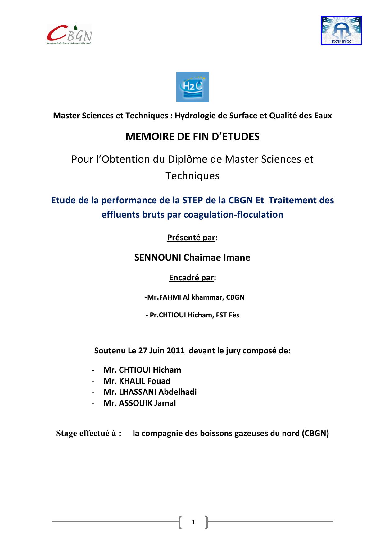 Etude de la performance de la STEP de la CBGN Et Traitement des effluents bruts par coagulation-floculation