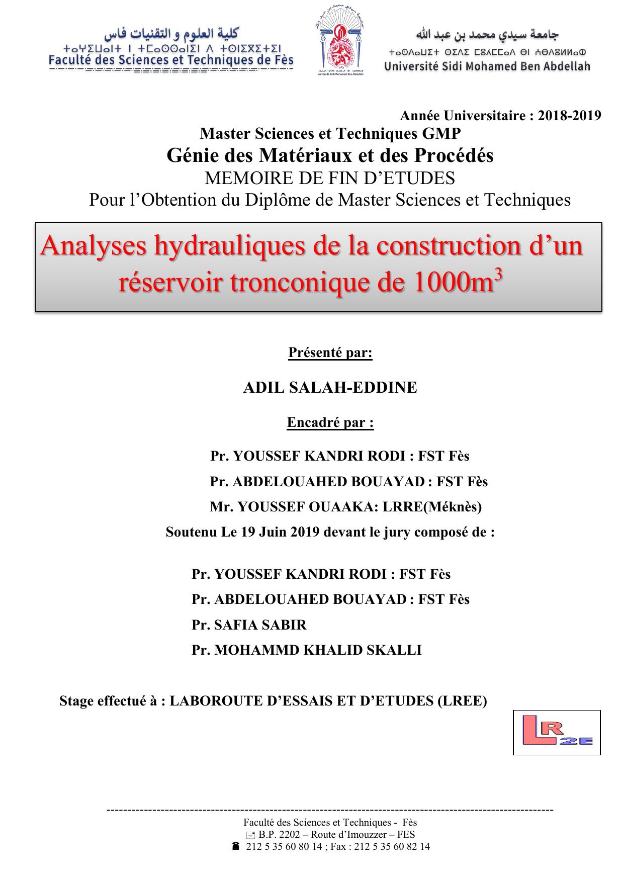 ANALYSES HYDRAULIQUES DE LA CONSTRUCTION D UN RESERVOIR TRONCONIQUE