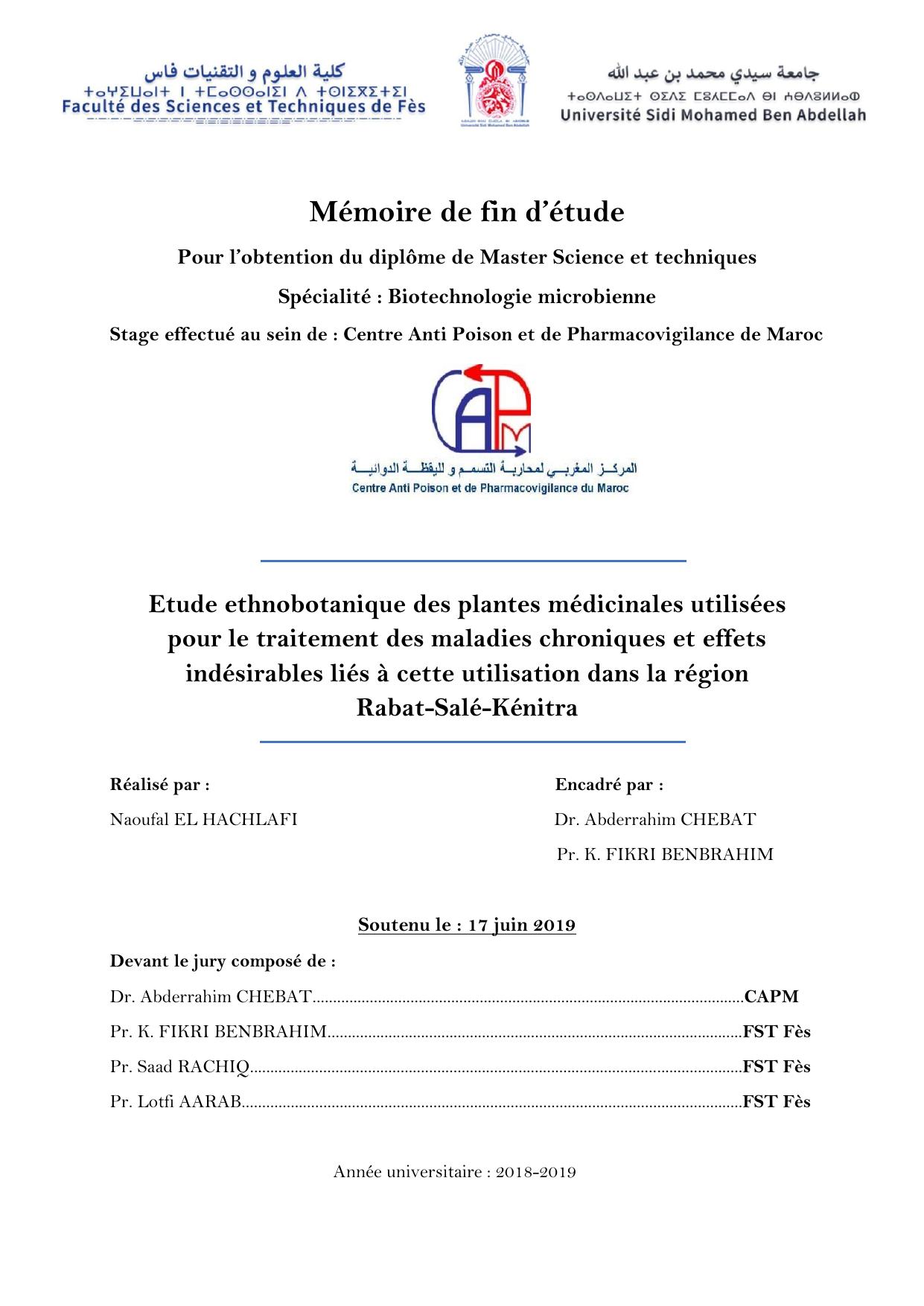 Etude ethnobotanique des plantes médicinales utilisées pour le traitement des maladies chroniques et effets indésirables liés à cette utilisation dans la région Rabat-Salé-Kénitra