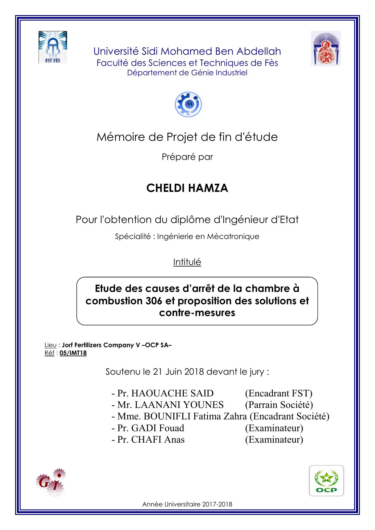 Etude des causes d’arrêt de la chambre à combustion 306 et proposition des solutions et contre-mesures