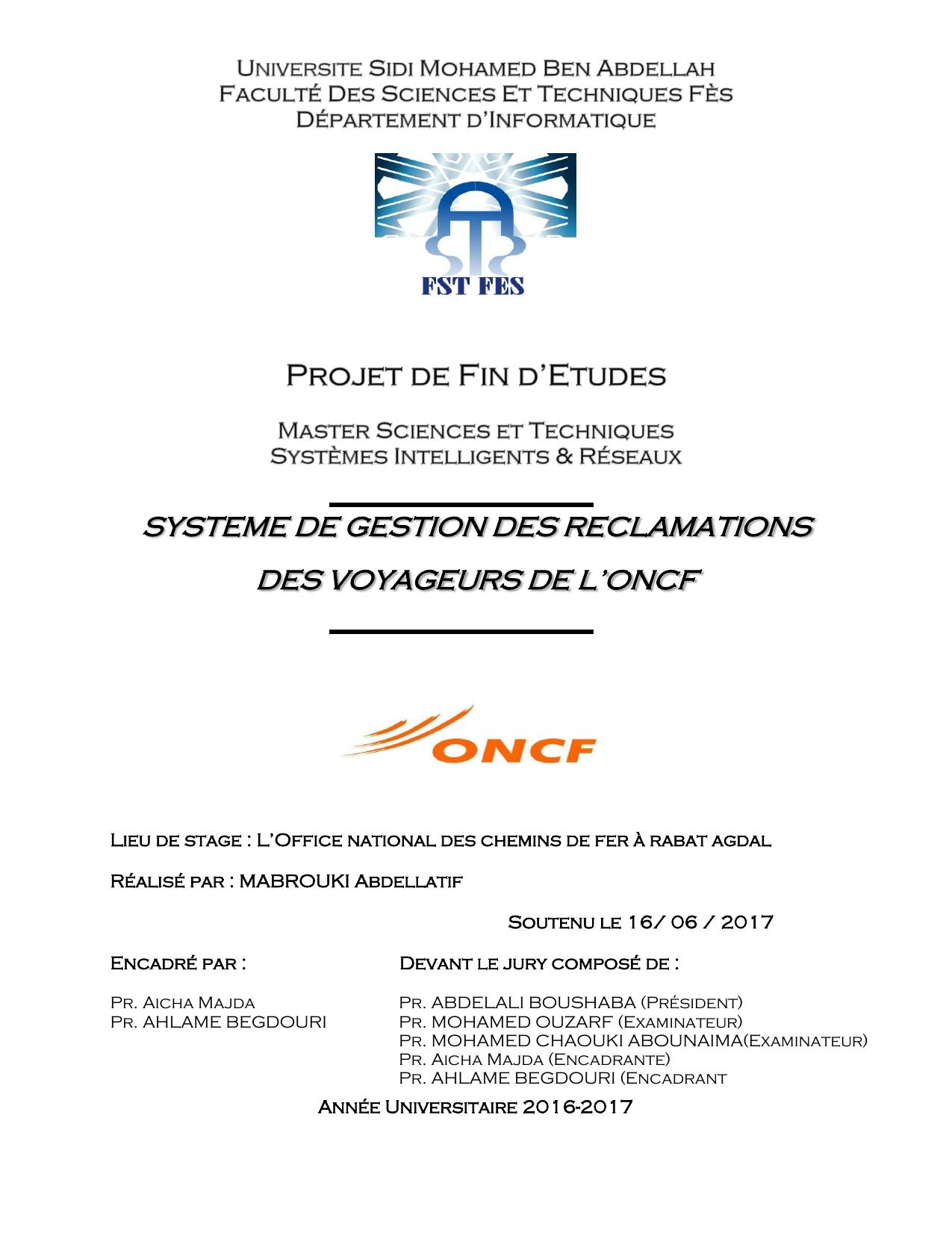 SYSTEME DE GESTION DES RECLAMATIONS DES VOYAGEURS DE L’ONCF