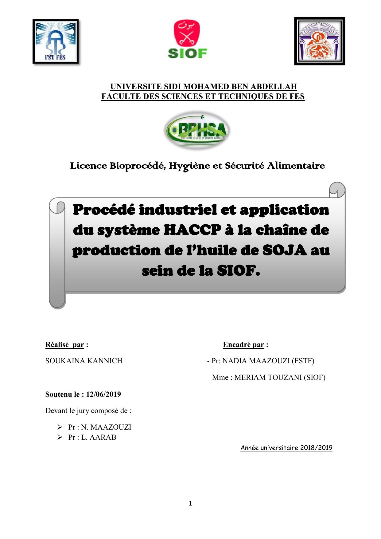 Procédé industriel et application du système HACCP à la chaîne de production de l’huile de SOJA au sein de la SIOF