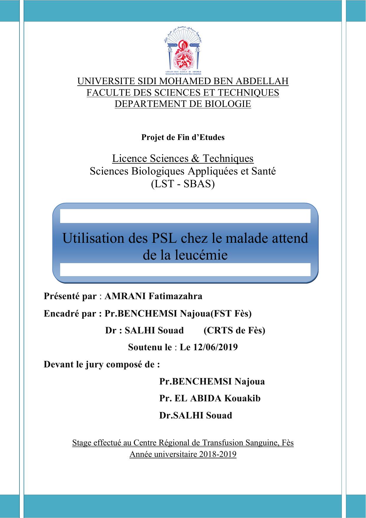 Utilisation des PSL chez le malade attend de la leucémie