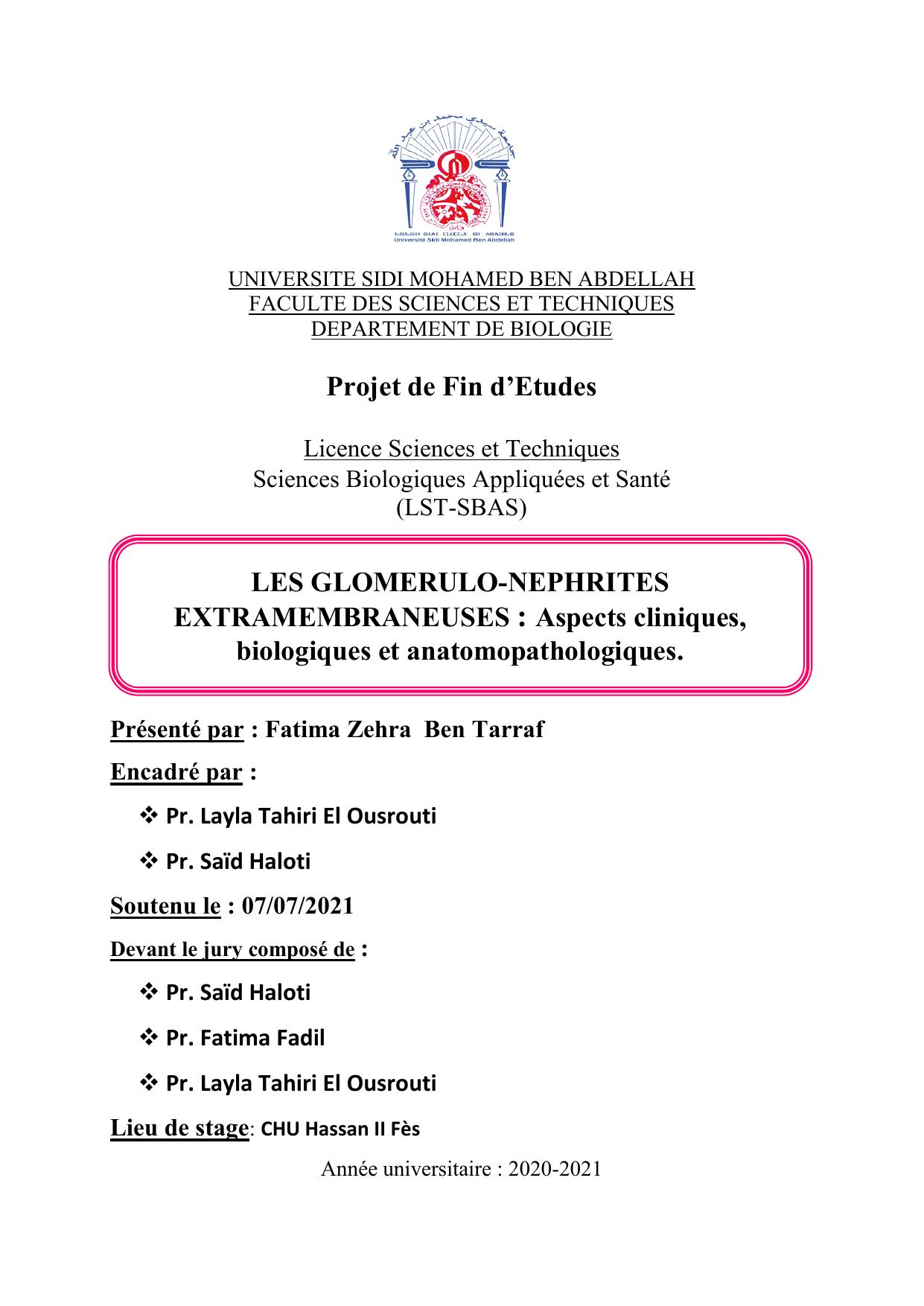 LES GLOMERULO-NEPHRITES EXTRAMEMBRANEUSES : Aspects cliniques, biologiques et anatomopathologiques.