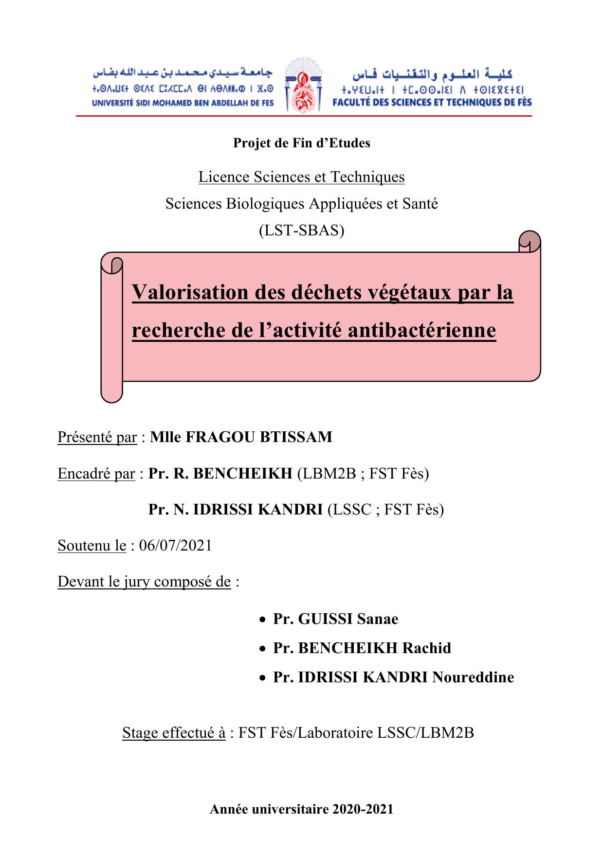 Valorisation des déchets végétaux par la recherche de l’activité antibactérienne