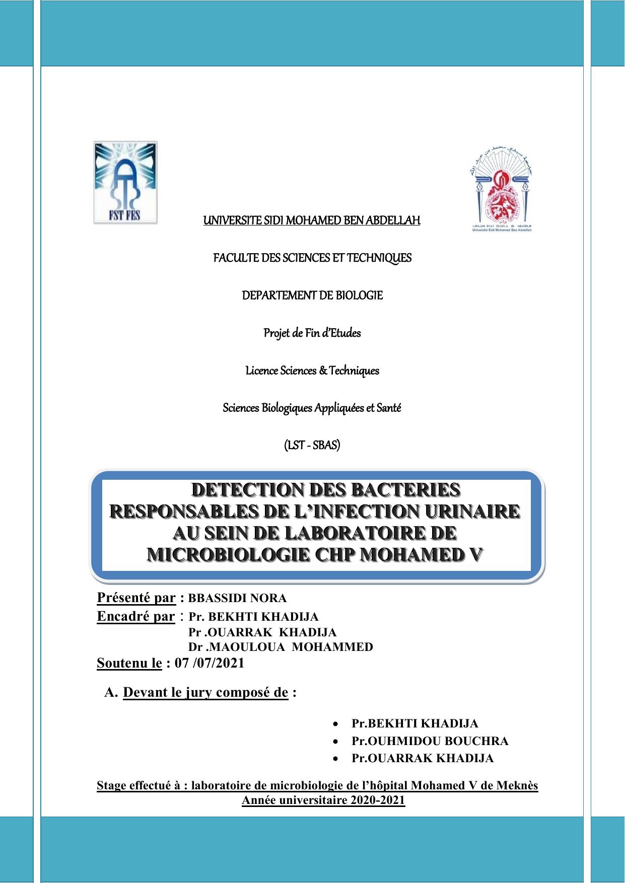 Detection des bacteries responsables de l'infection urinaire au seins de laboratoire de microbiologie CHP Mohamed V