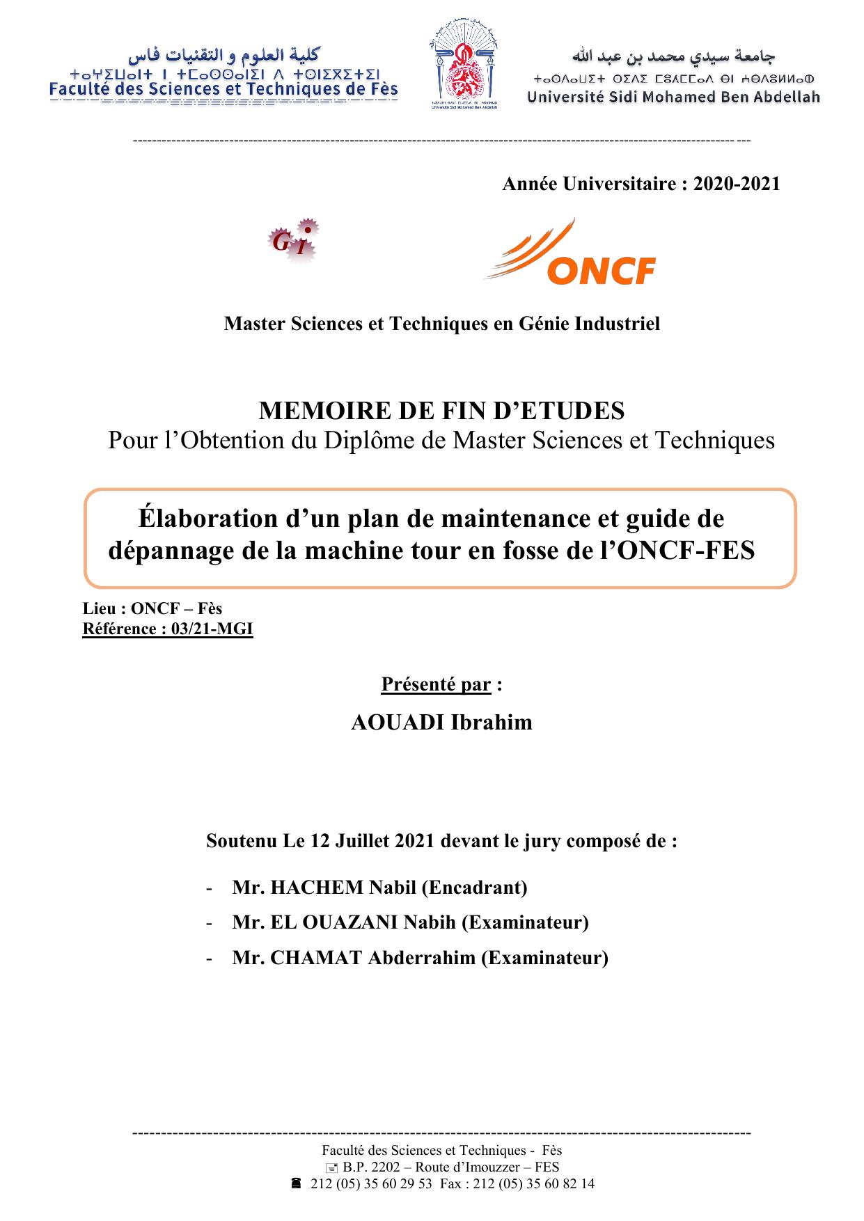 Élaboration d’un plan de maintenance et guide de dépannage de la machine tour en fosse de l’ONCF-FES