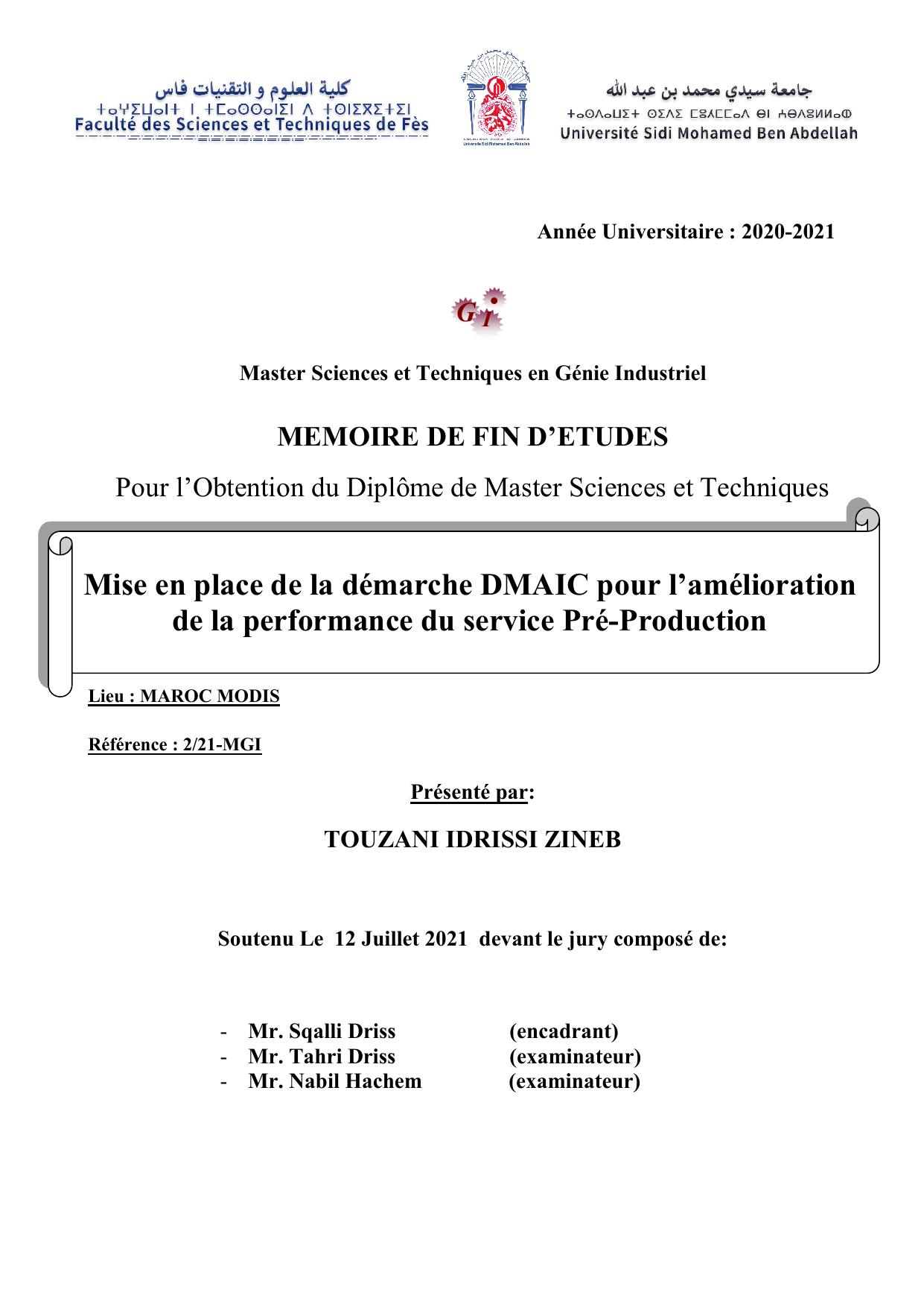 Mise en place de la démarche DMAIC pour l’amélioration de la performance du service Pré-Production