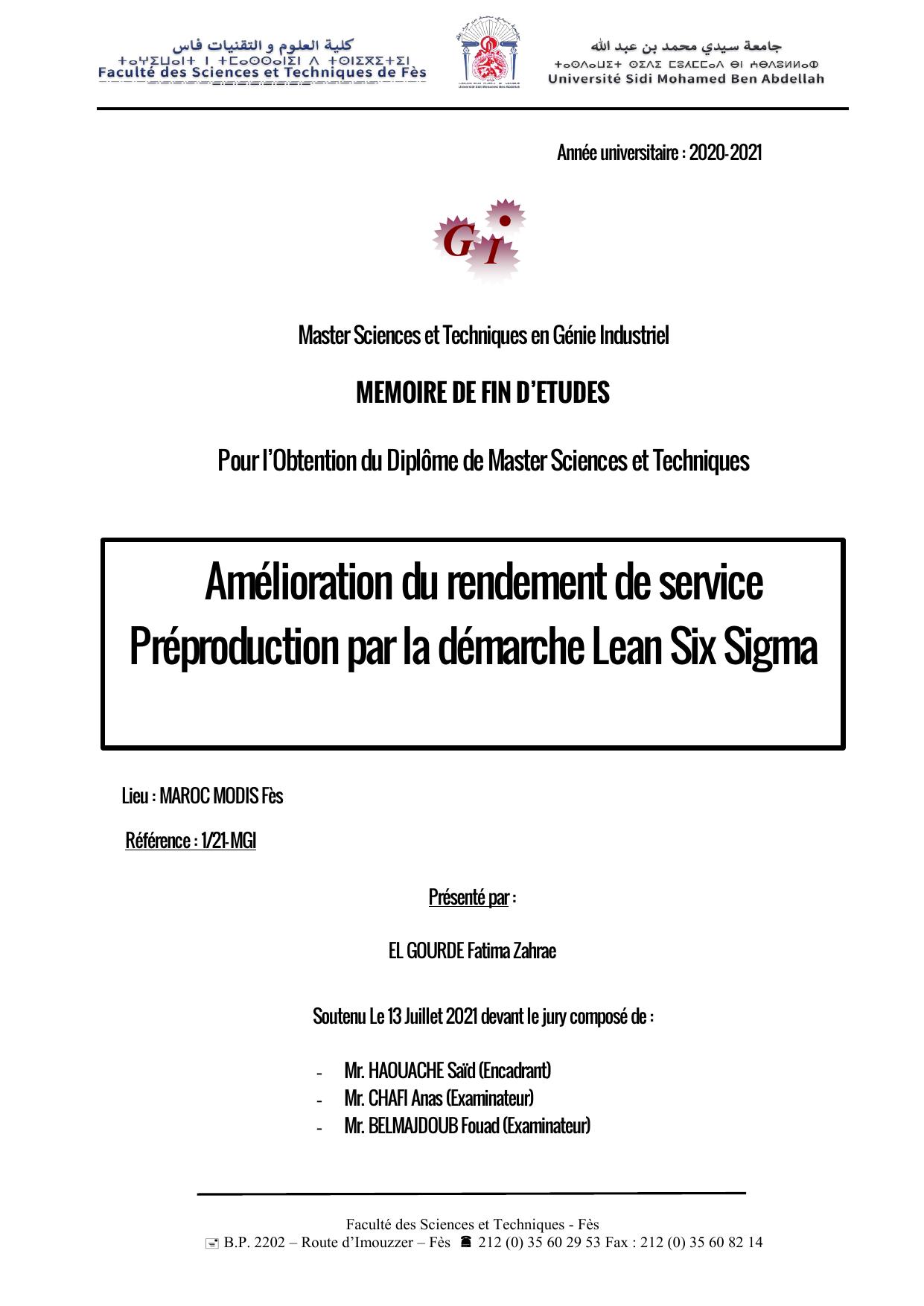 Amélioration du rendement de service Préproduction par la démarche Lean Six Sigma