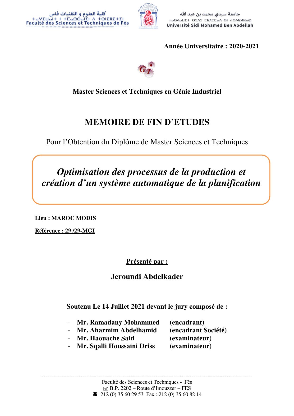 Optimisation des processus de la production et création d’un système automatique de la planification