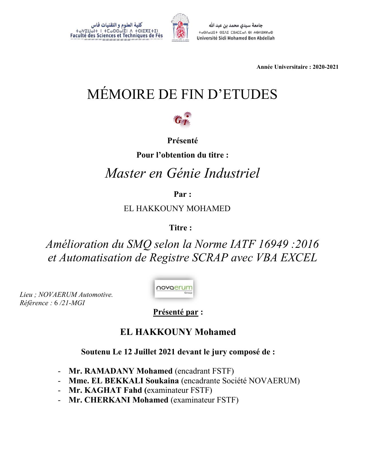 Amélioration du SMQ selon la Norme IATF 16949 :2016 et Automatisation de Registre SCRAP avec VBA EXCEL