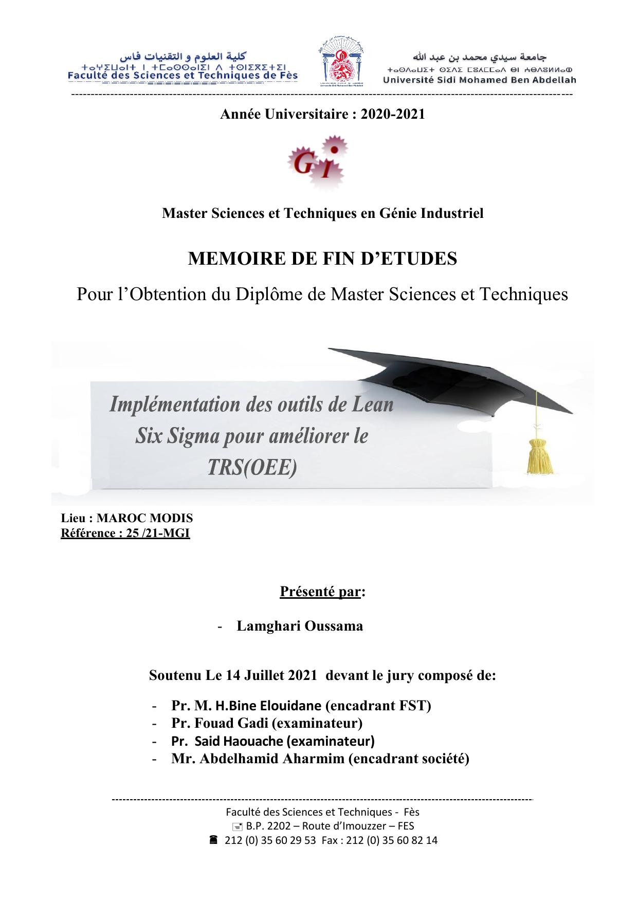 Implémentation des outils de Lean Six Sigma pour améliorer le TRS (OEE)