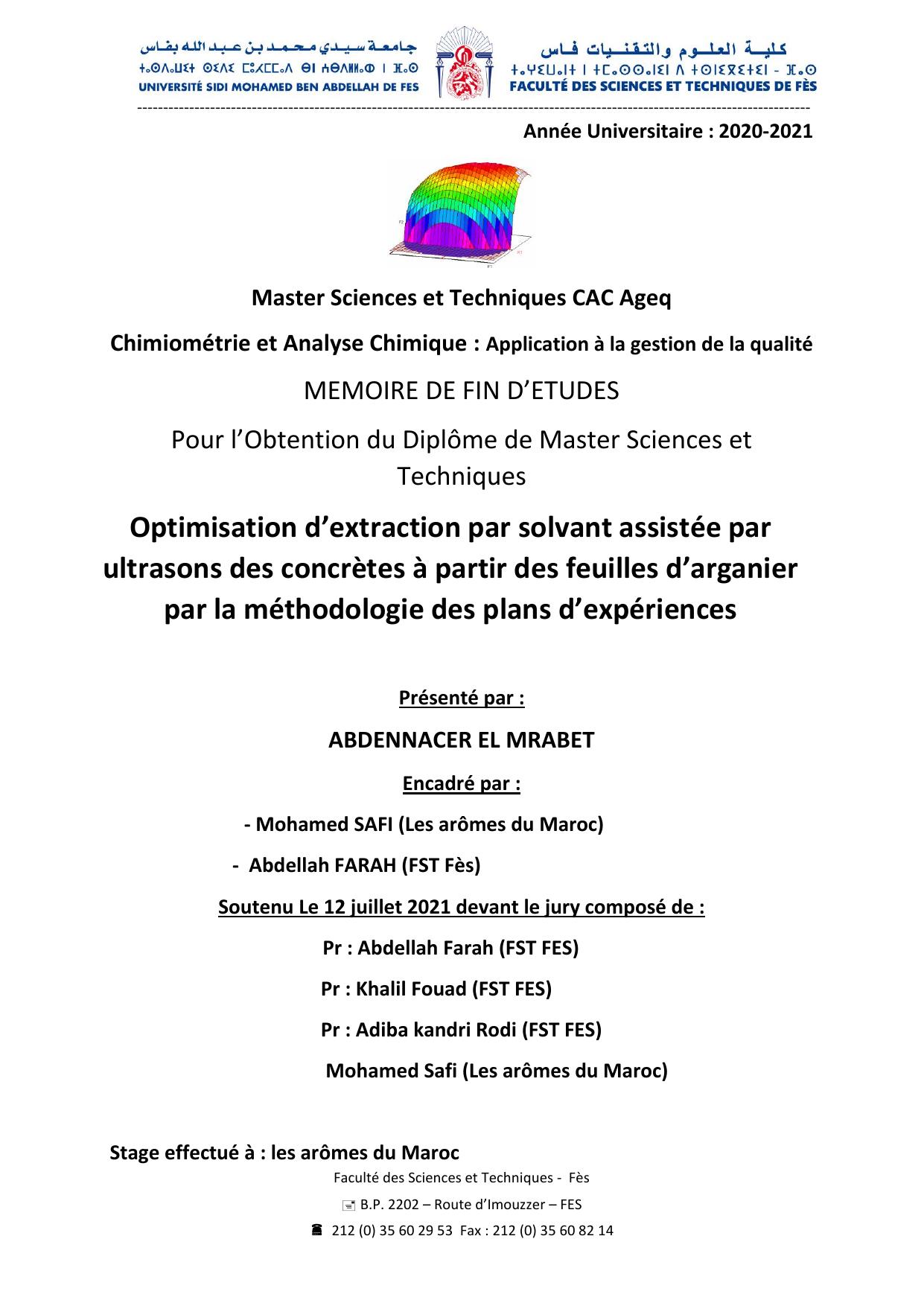 Optimisation d’extraction par solvant assistée par ultrasons des concrètes à partir des feuilles d’arganier par la méthodologie des plans d’expériences