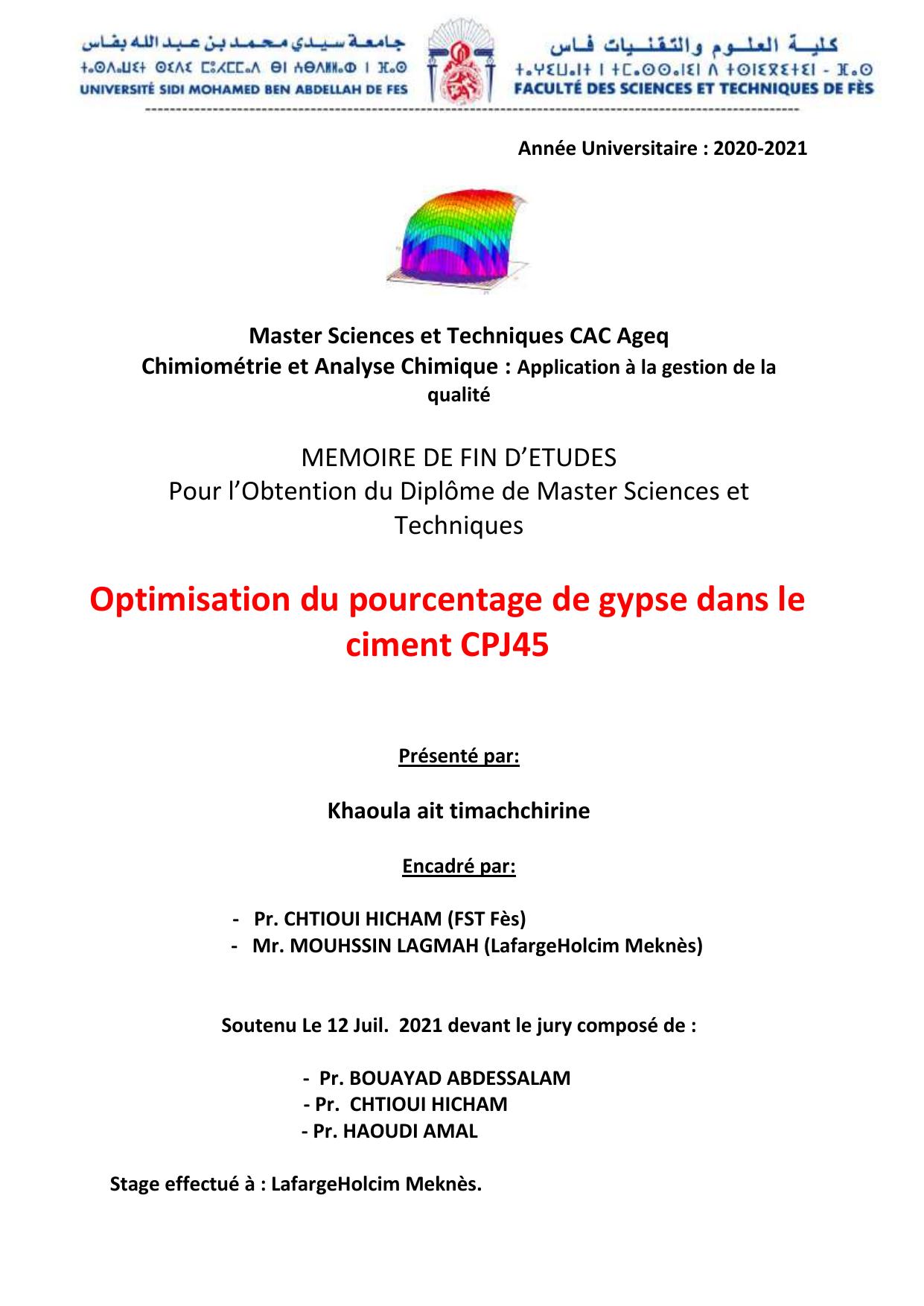Optimisation du pourcentage de gypse dans le ciment CPJ45