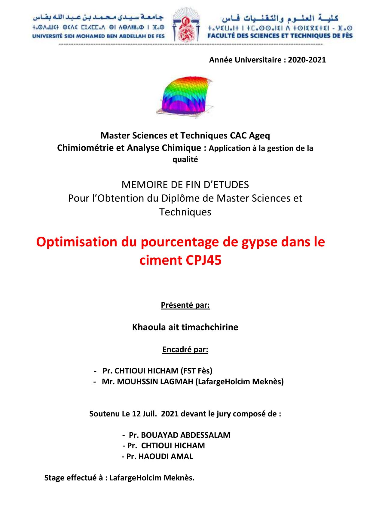 Optimisation du pourcentage de gypse dans le ciment CPJ45